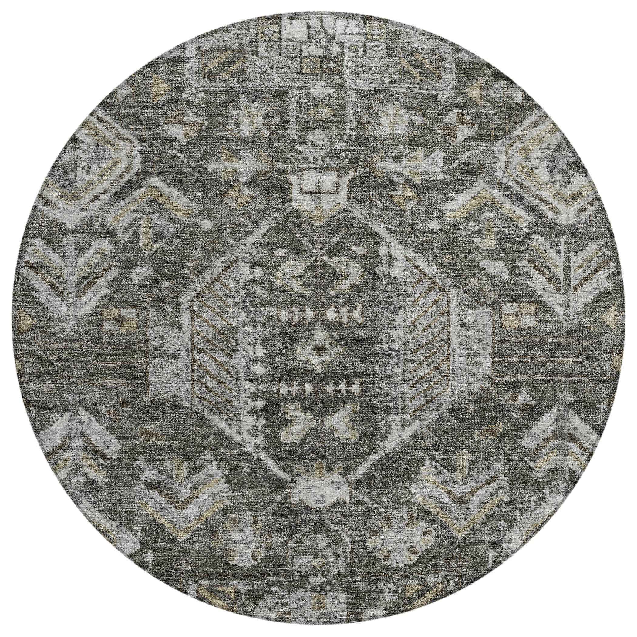 8' Pewter And Silver Round Medallion Washable Indoor Outdoor Area Rug