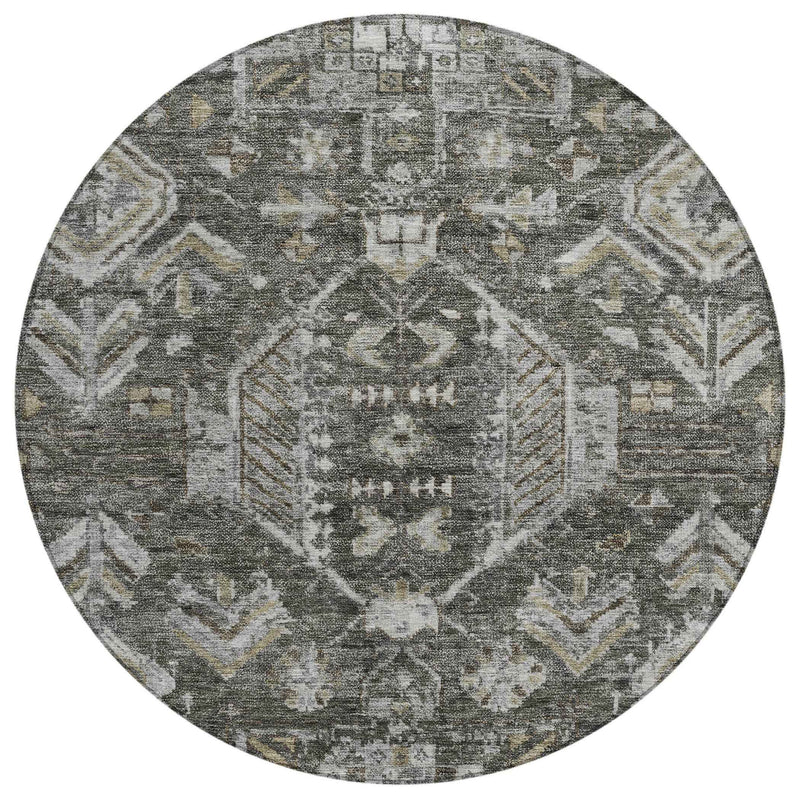 8' Pewter And Silver Round Medallion Washable Indoor Outdoor Area Rug