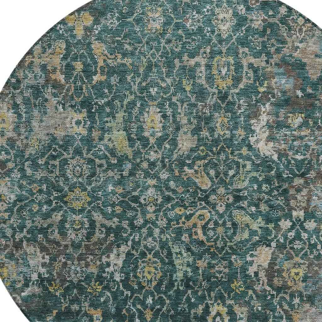 8' Teal Blue And Gray Round Damask Washable Indoor Outdoor Area Rug