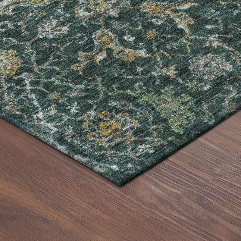 8' Teal Blue And Gray Round Damask Washable Indoor Outdoor Area Rug