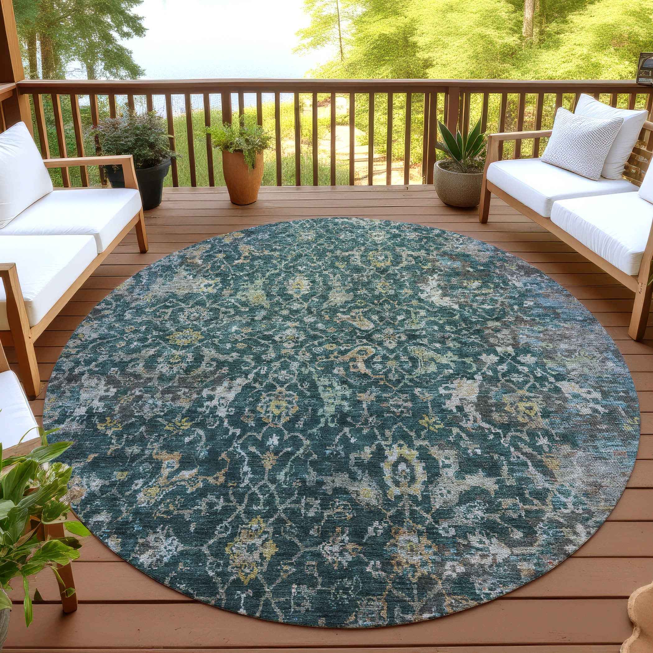 8' Teal Blue And Gray Round Damask Washable Indoor Outdoor Area Rug