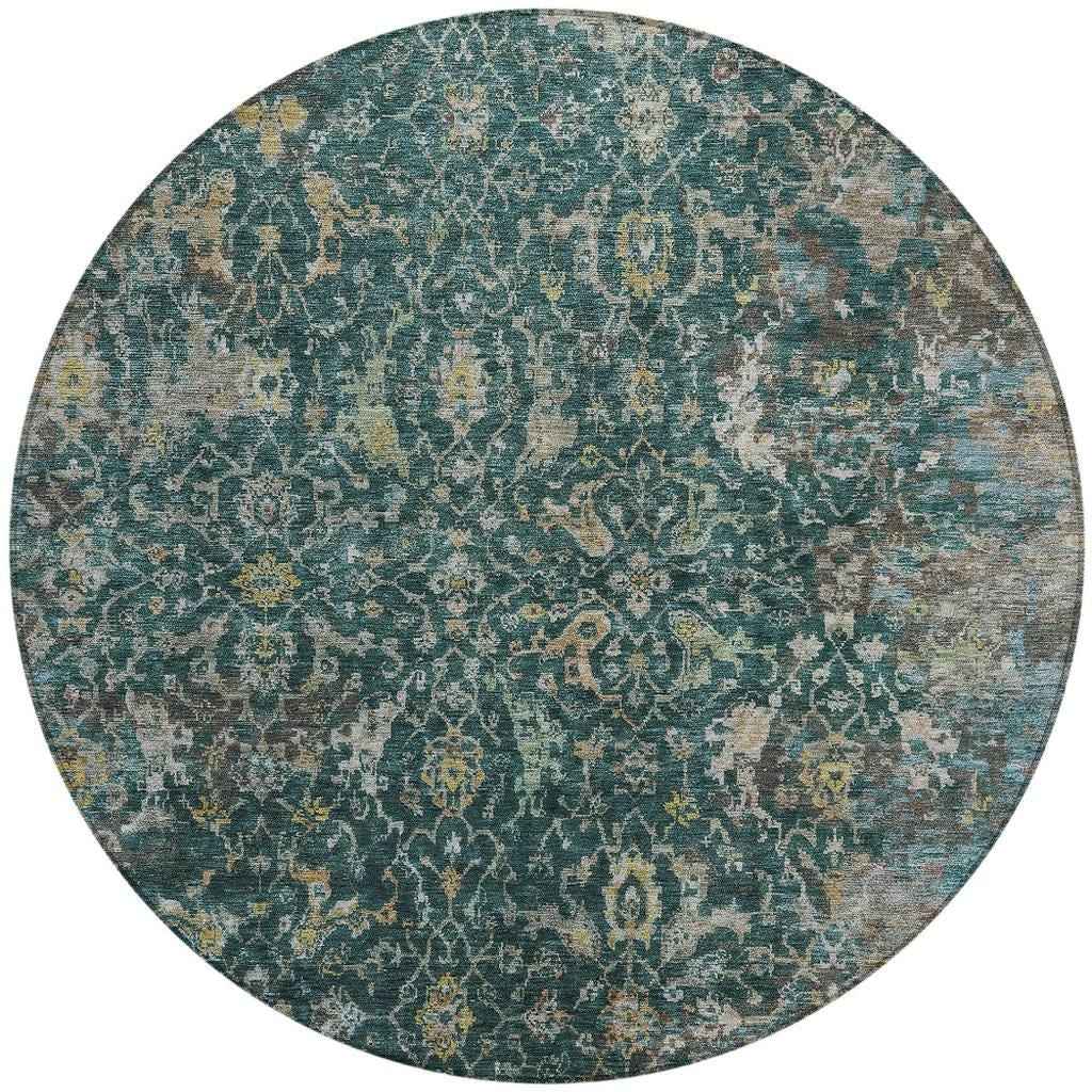 8' Teal Blue And Gray Round Damask Washable Indoor Outdoor Area Rug