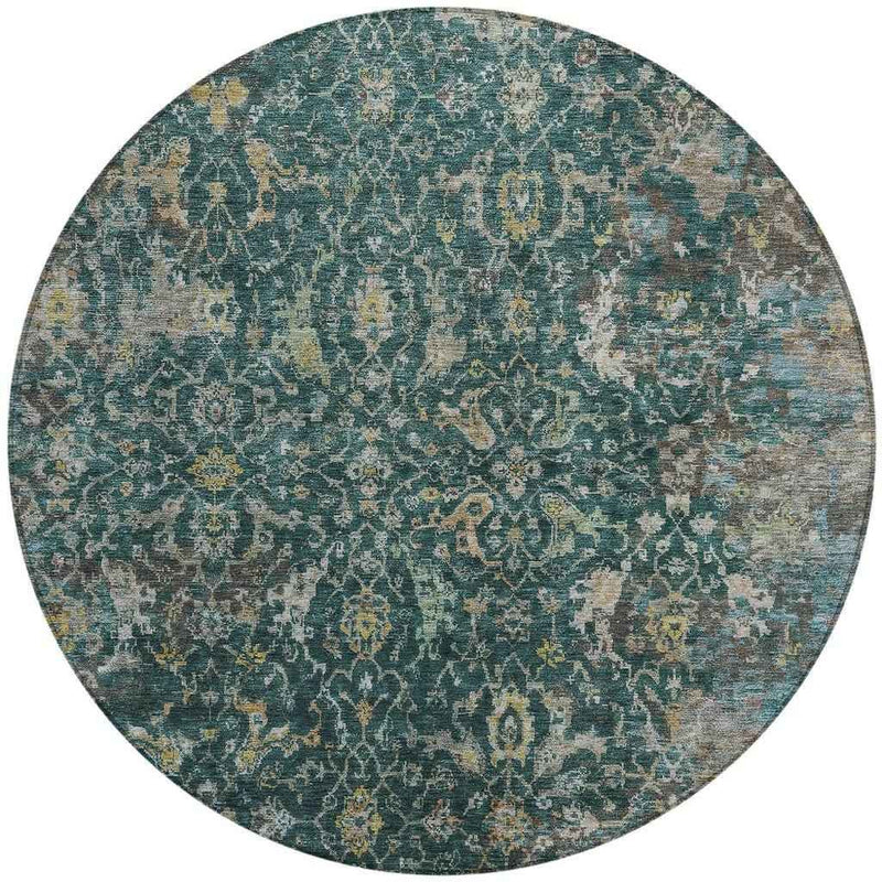 8' Teal Blue And Gray Round Damask Washable Indoor Outdoor Area Rug