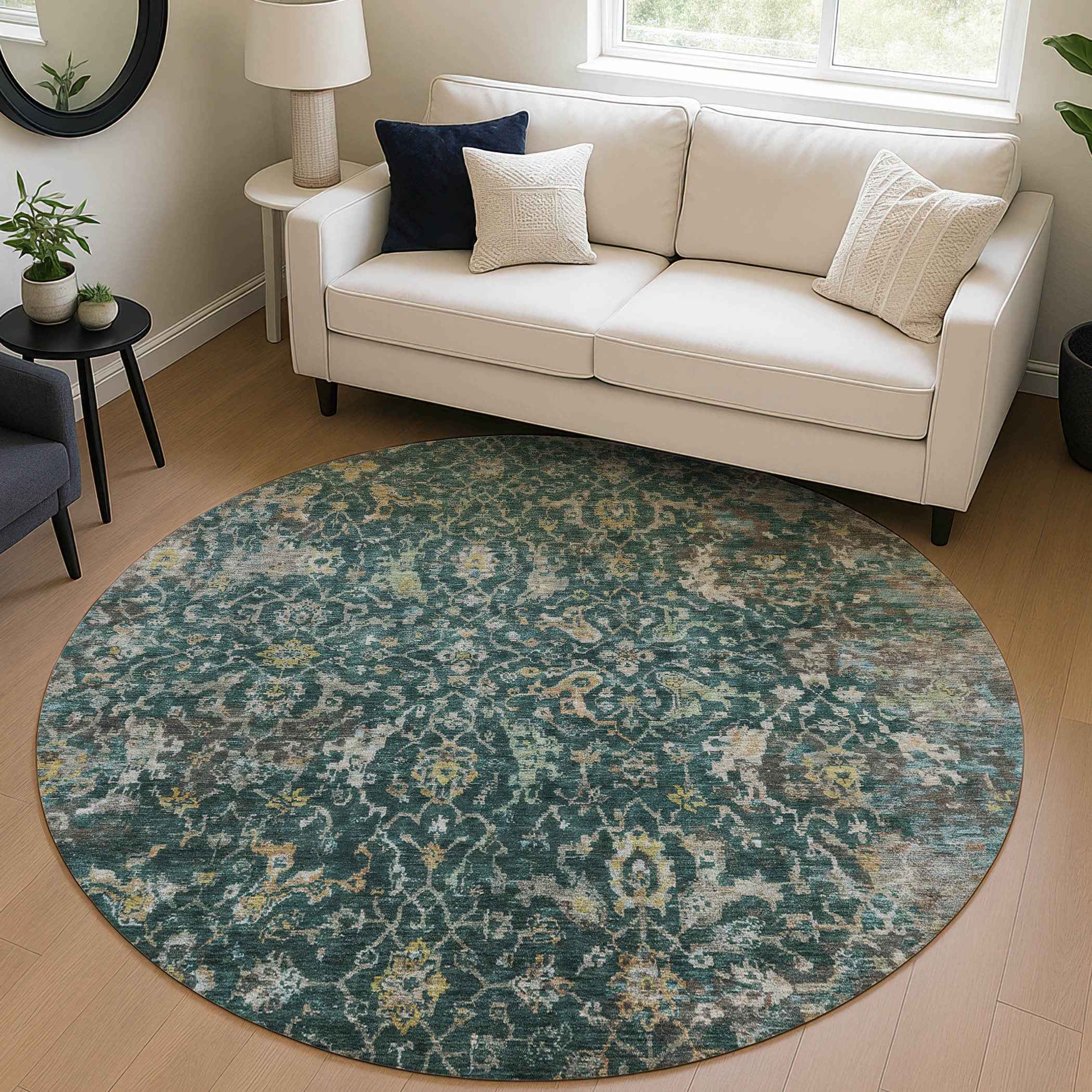 8' Teal Blue And Gray Round Damask Washable Indoor Outdoor Area Rug