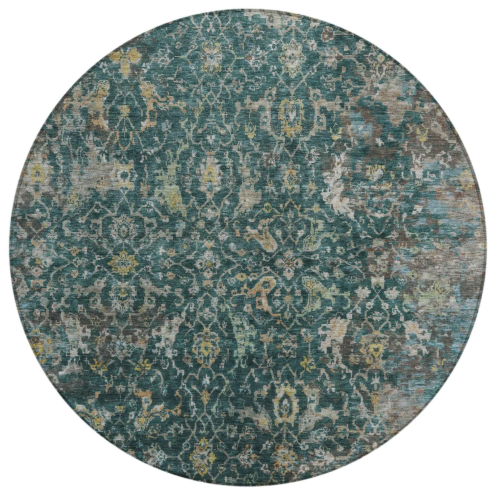 8' Teal Blue And Gray Round Damask Washable Indoor Outdoor Area Rug