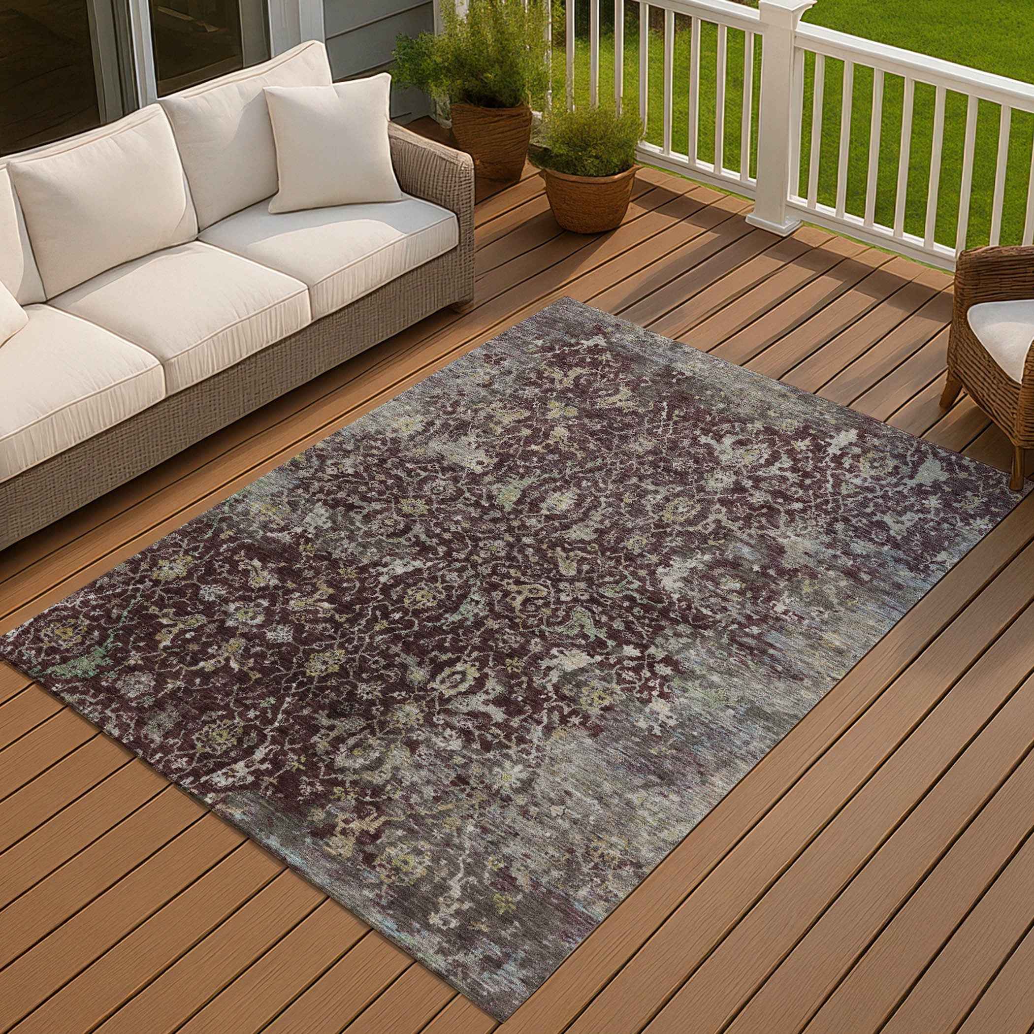 10' X 14' Burgundy And Gray Damask Washable Indoor Outdoor Area Rug