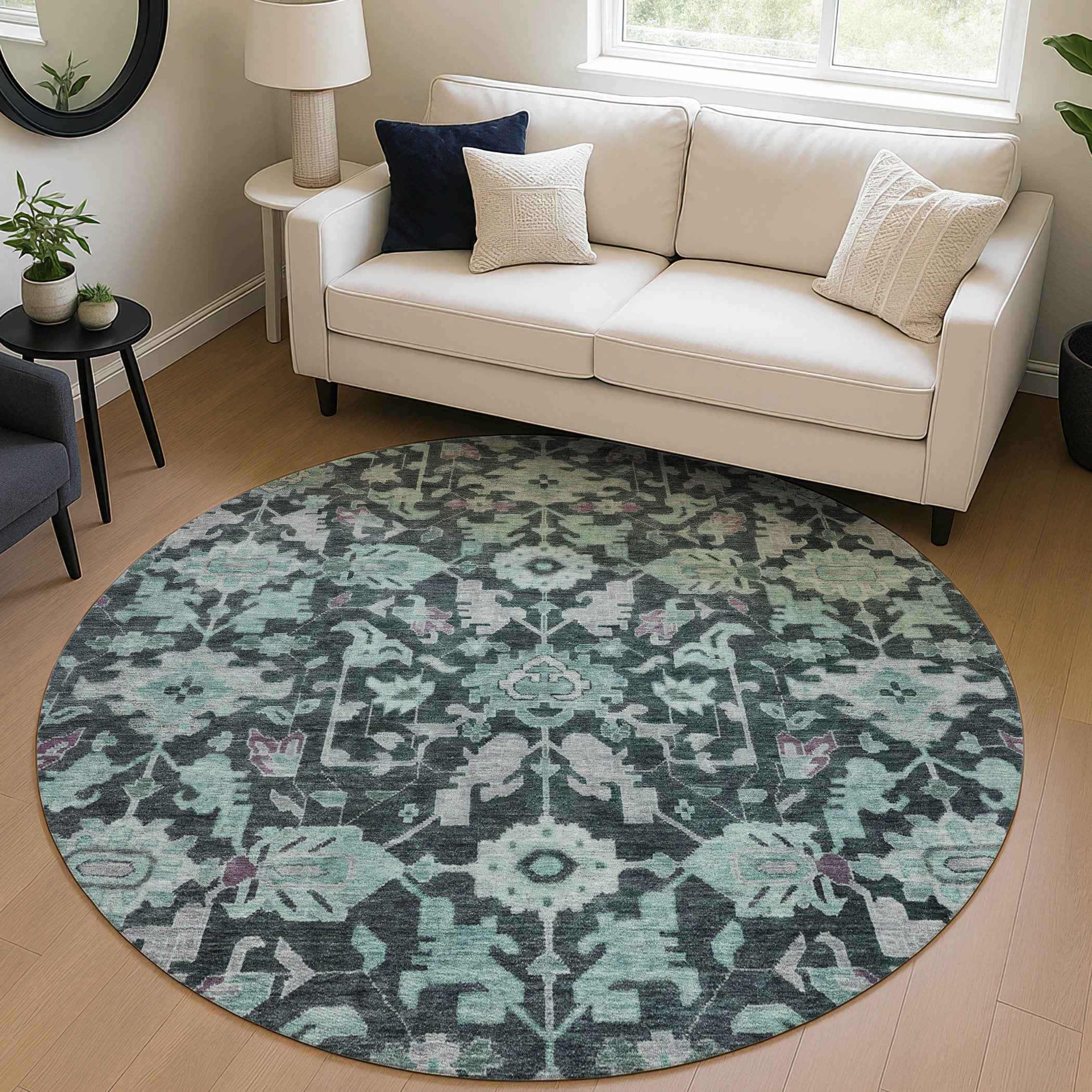 8' Teal Blue And Plum Round Floral Washable Indoor Outdoor Area Rug