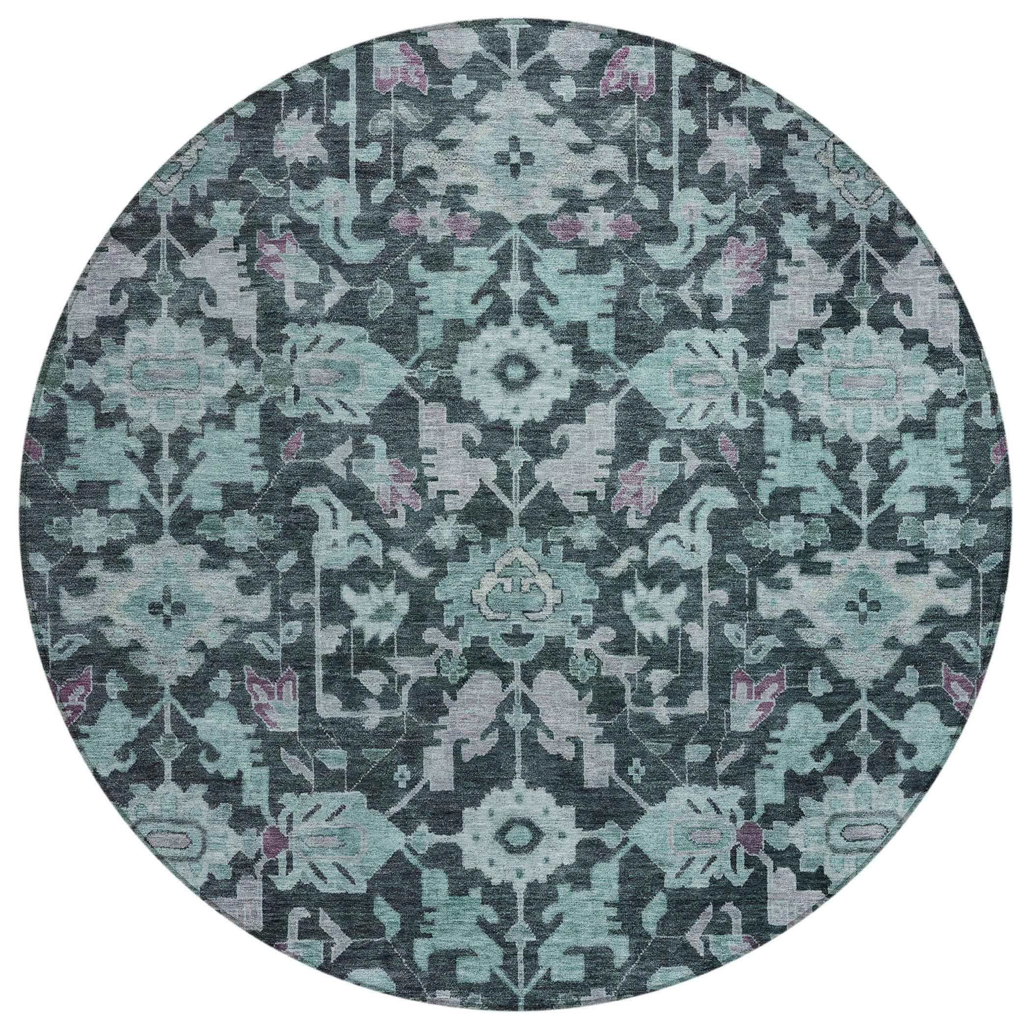 8' Teal Blue And Plum Round Floral Washable Indoor Outdoor Area Rug