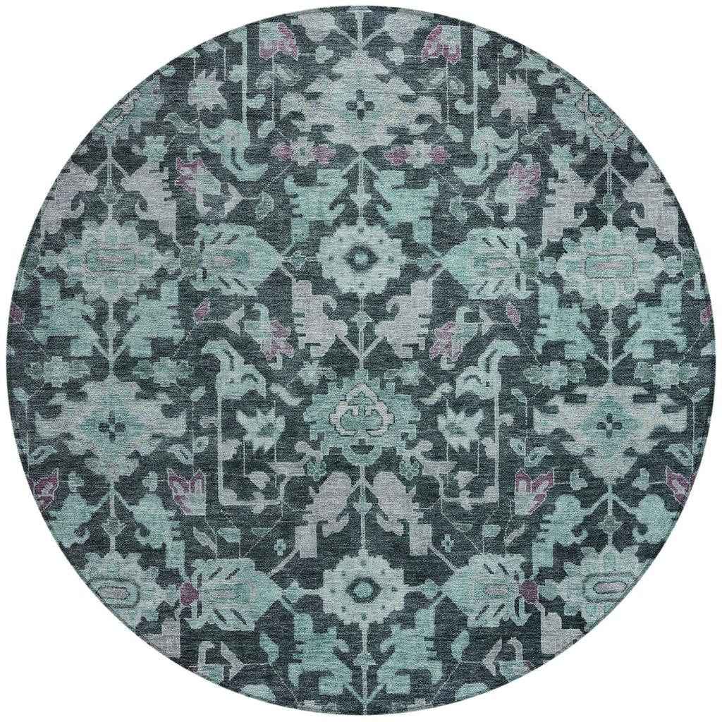 8' Teal Blue And Plum Round Floral Washable Indoor Outdoor Area Rug