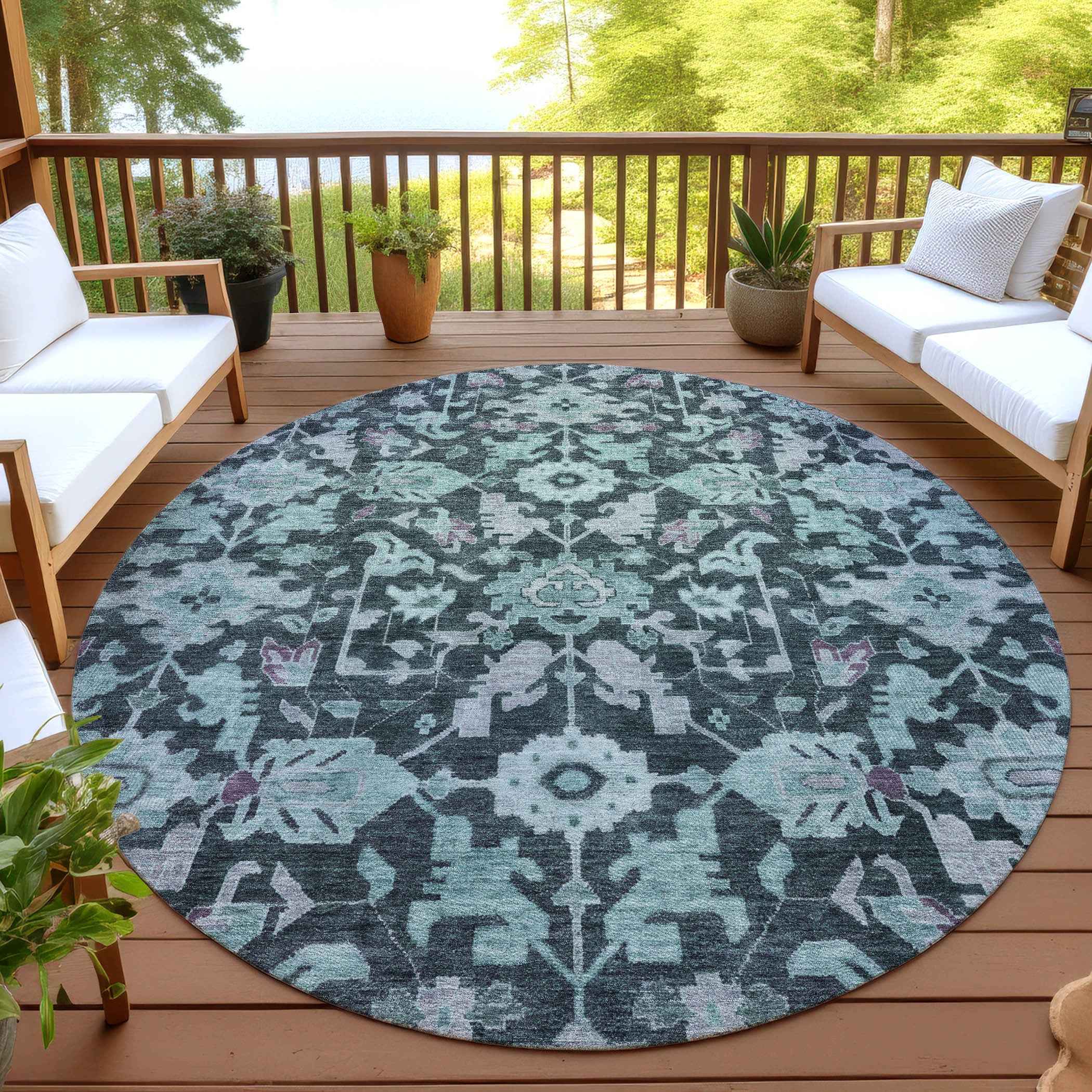 8' Teal Blue And Plum Round Floral Washable Indoor Outdoor Area Rug