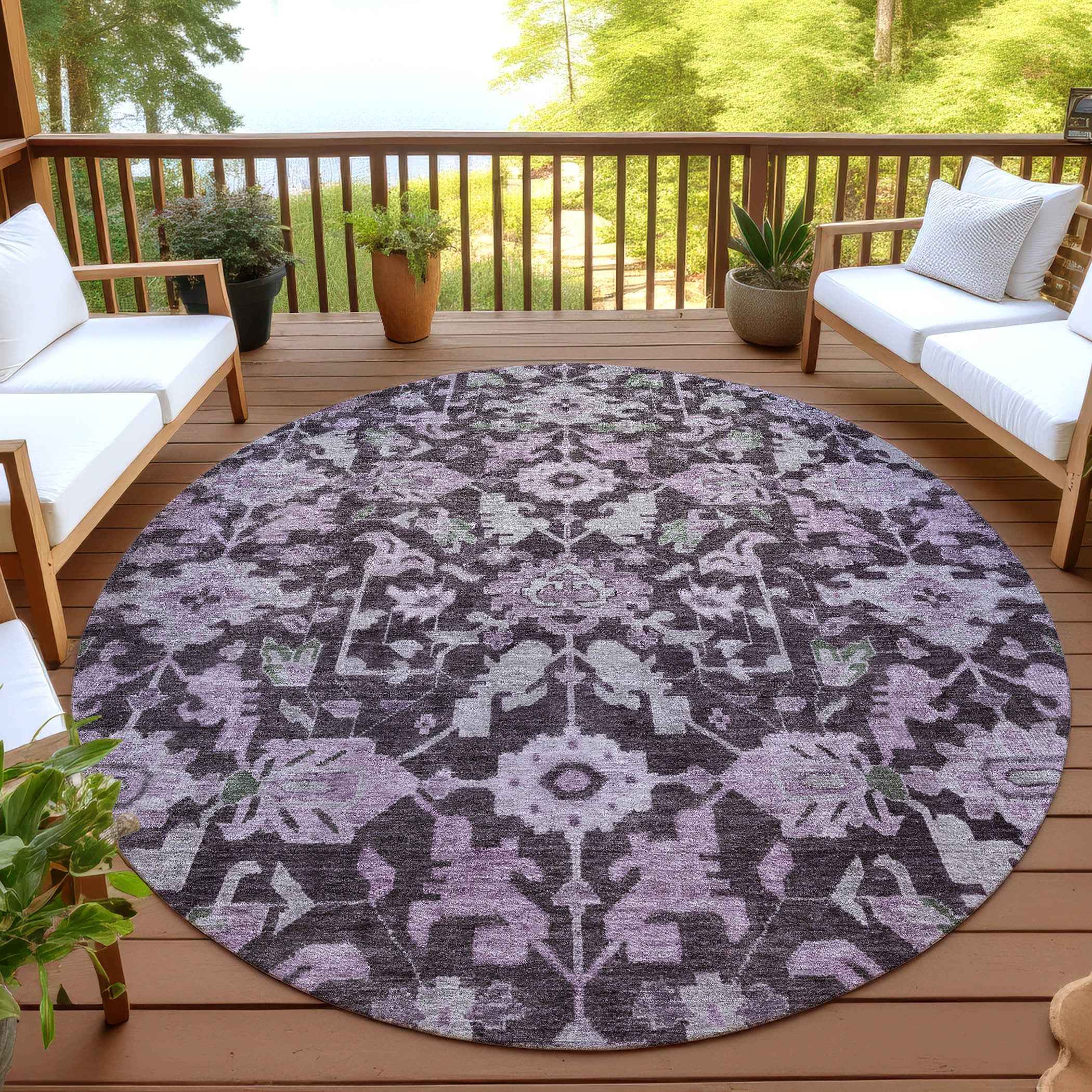8' Eggplant And Gray Round Floral Washable Indoor Outdoor Area Rug