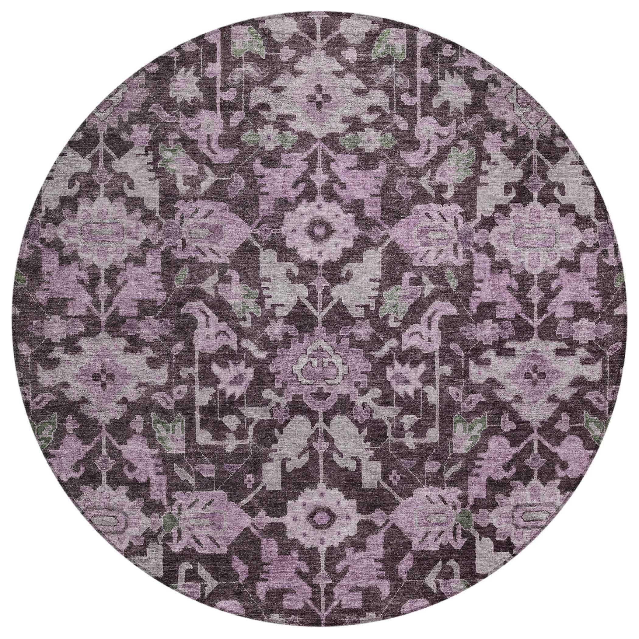 8' Eggplant And Gray Round Floral Washable Indoor Outdoor Area Rug
