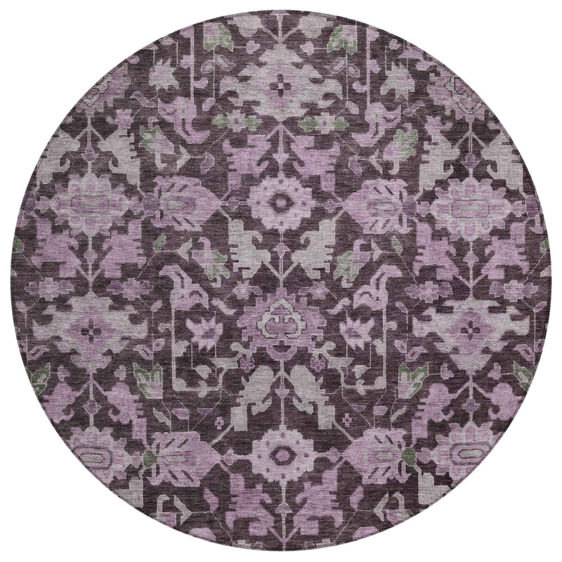 8' Eggplant And Gray Round Floral Washable Indoor Outdoor Area Rug