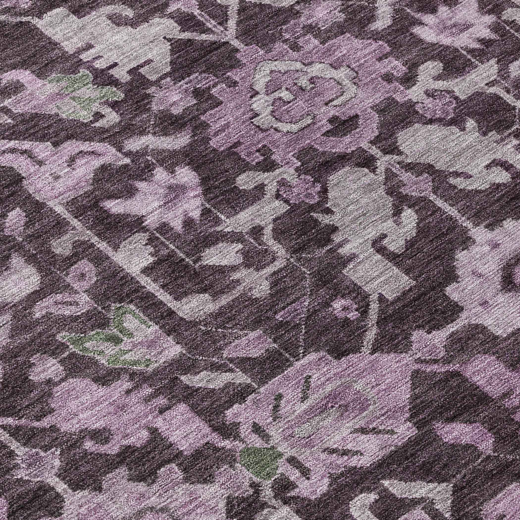 8' Eggplant And Gray Round Floral Washable Indoor Outdoor Area Rug