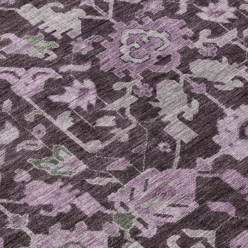 8' Eggplant And Gray Round Floral Washable Indoor Outdoor Area Rug