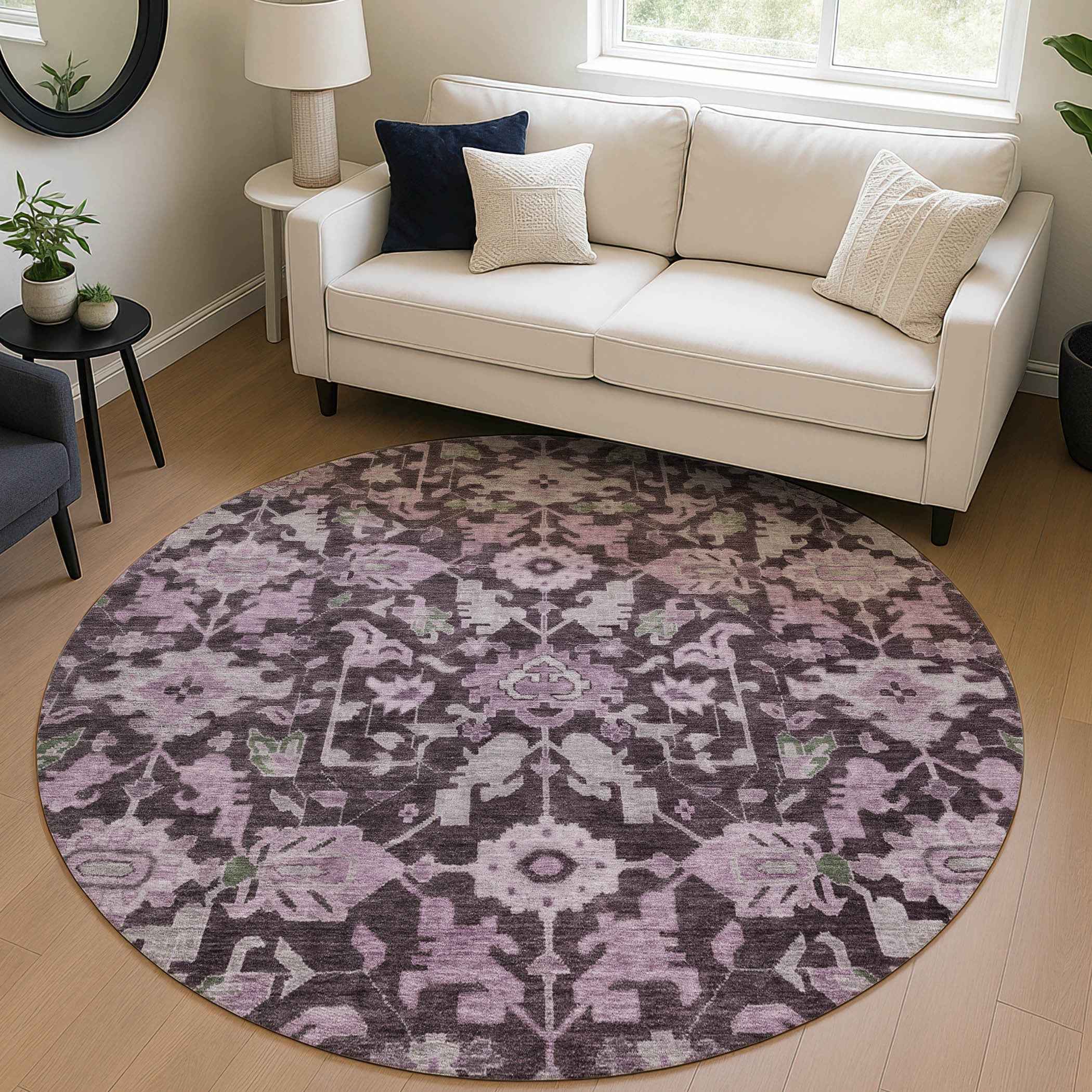 8' Eggplant And Gray Round Floral Washable Indoor Outdoor Area Rug