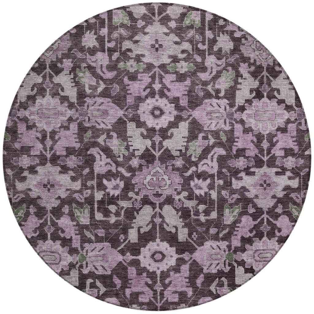 8' Eggplant And Gray Round Floral Washable Indoor Outdoor Area Rug