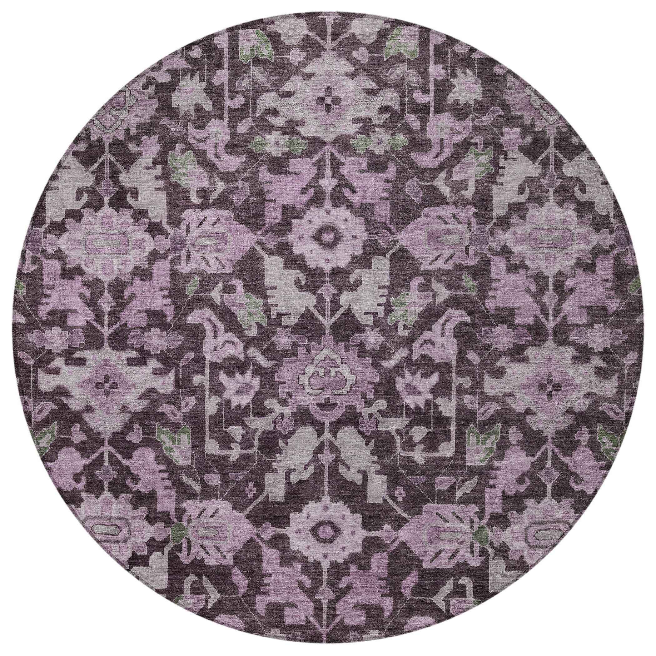 8' Eggplant And Gray Round Floral Washable Indoor Outdoor Area Rug