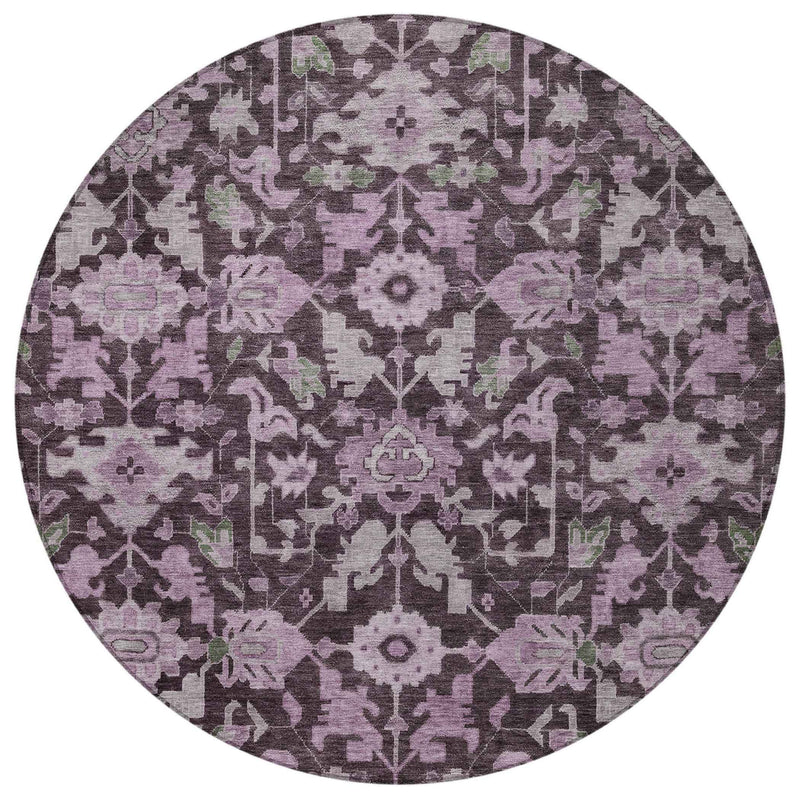 8' Eggplant And Gray Round Floral Washable Indoor Outdoor Area Rug