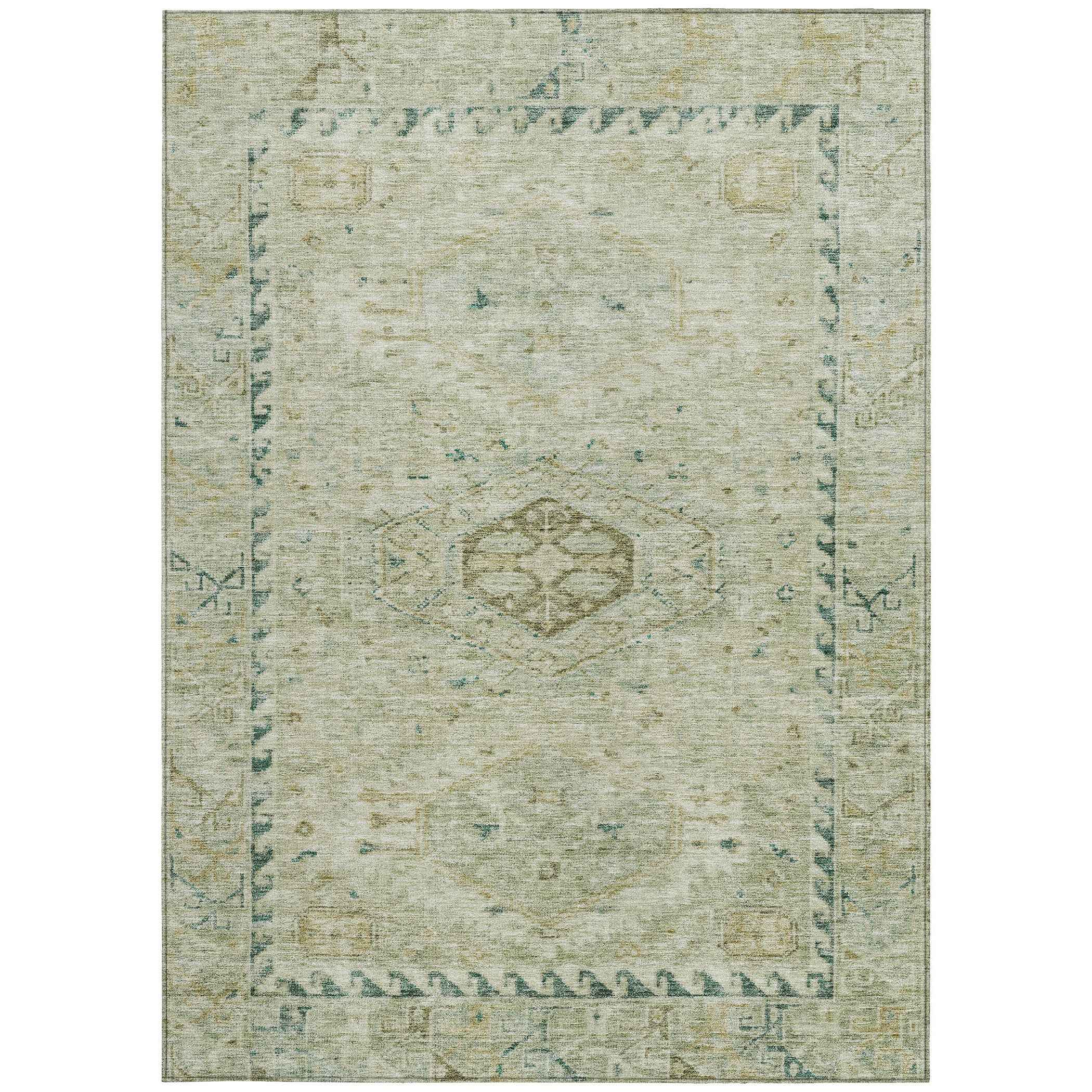 3' X 5' Sage And Gold Medallion Washable Indoor Outdoor Area Rug