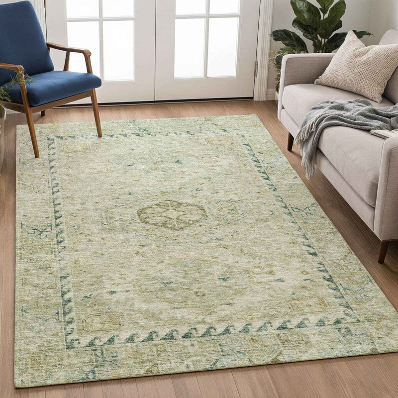 3' X 5' Sage And Gold Medallion Washable Indoor Outdoor Area Rug