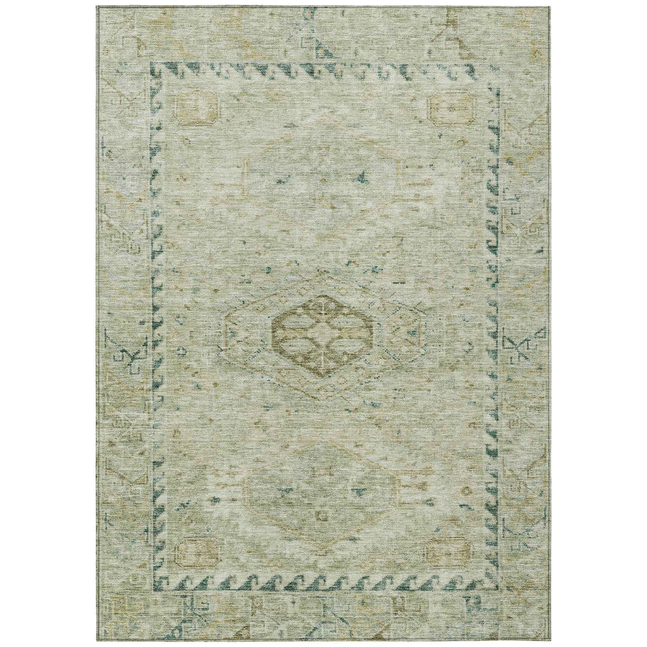 5' X 8' Sage And Gold Medallion Washable Indoor Outdoor Area Rug
