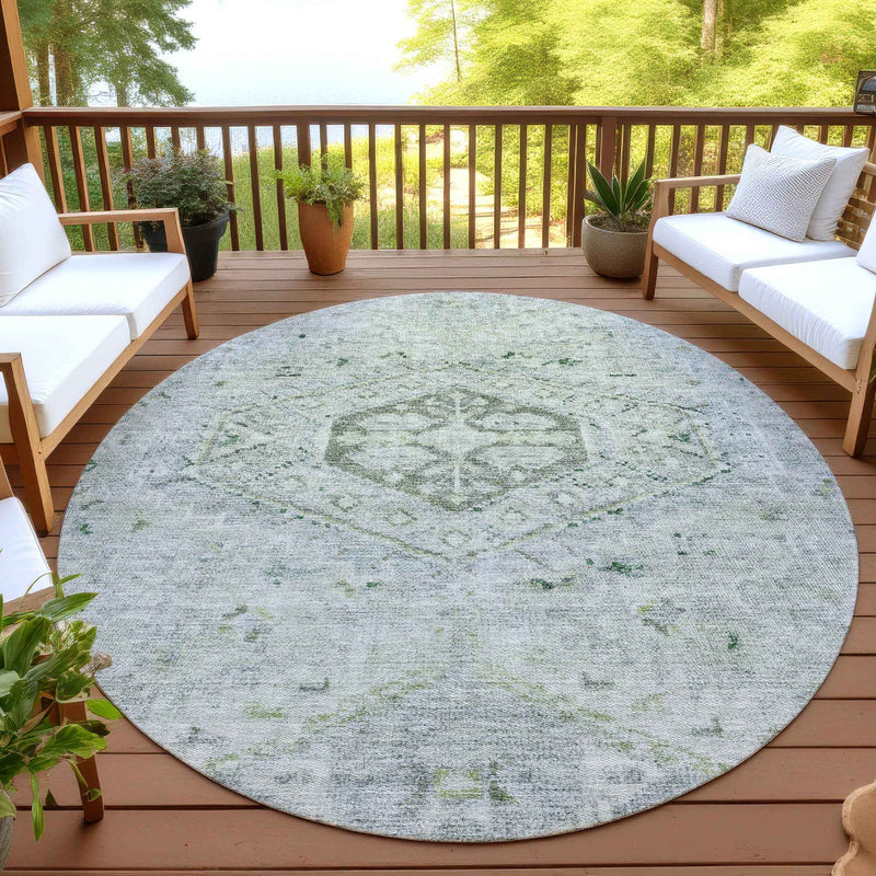 8' Lime Green And Beige Round Medallion Washable Indoor Outdoor Area Rug