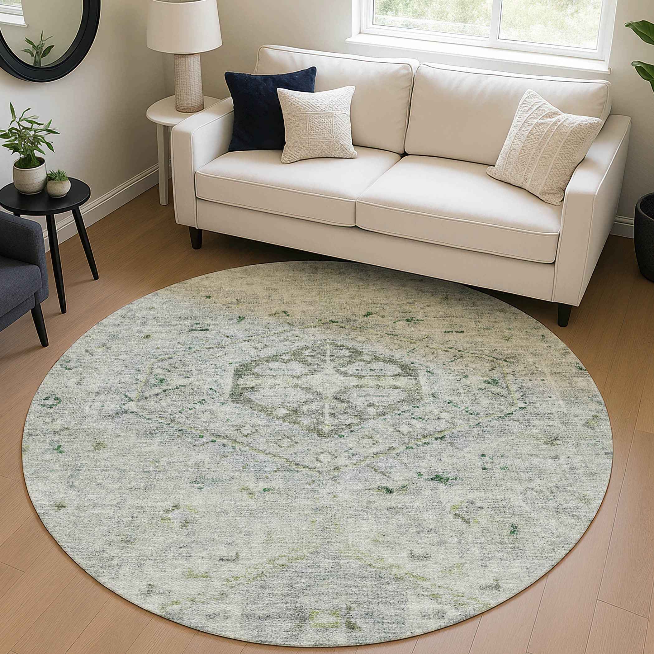 8' Lime Green And Beige Round Medallion Washable Indoor Outdoor Area Rug