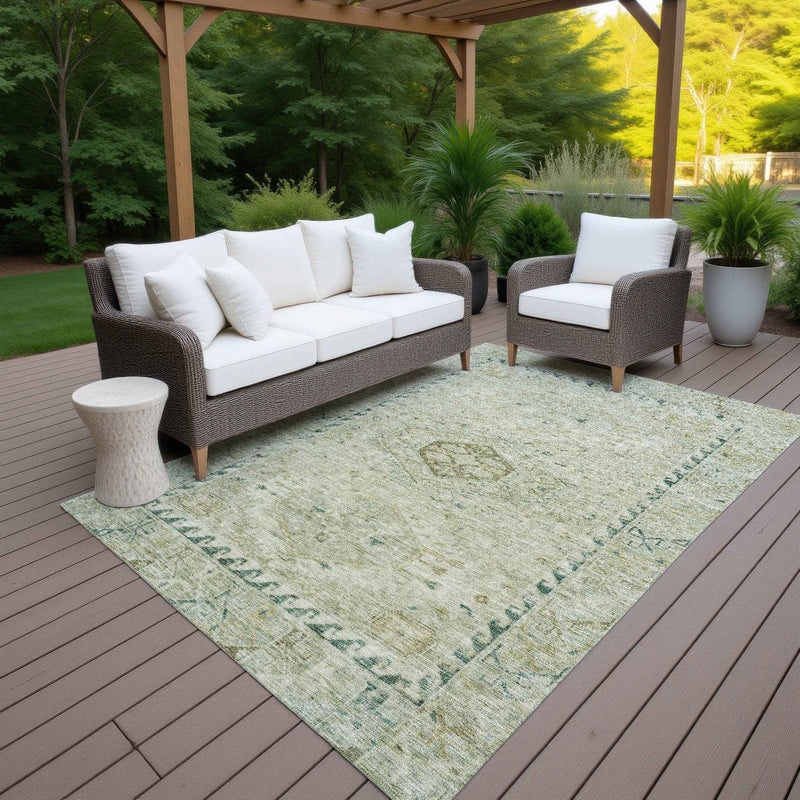 5' X 8' Sage And Gold Medallion Washable Indoor Outdoor Area Rug