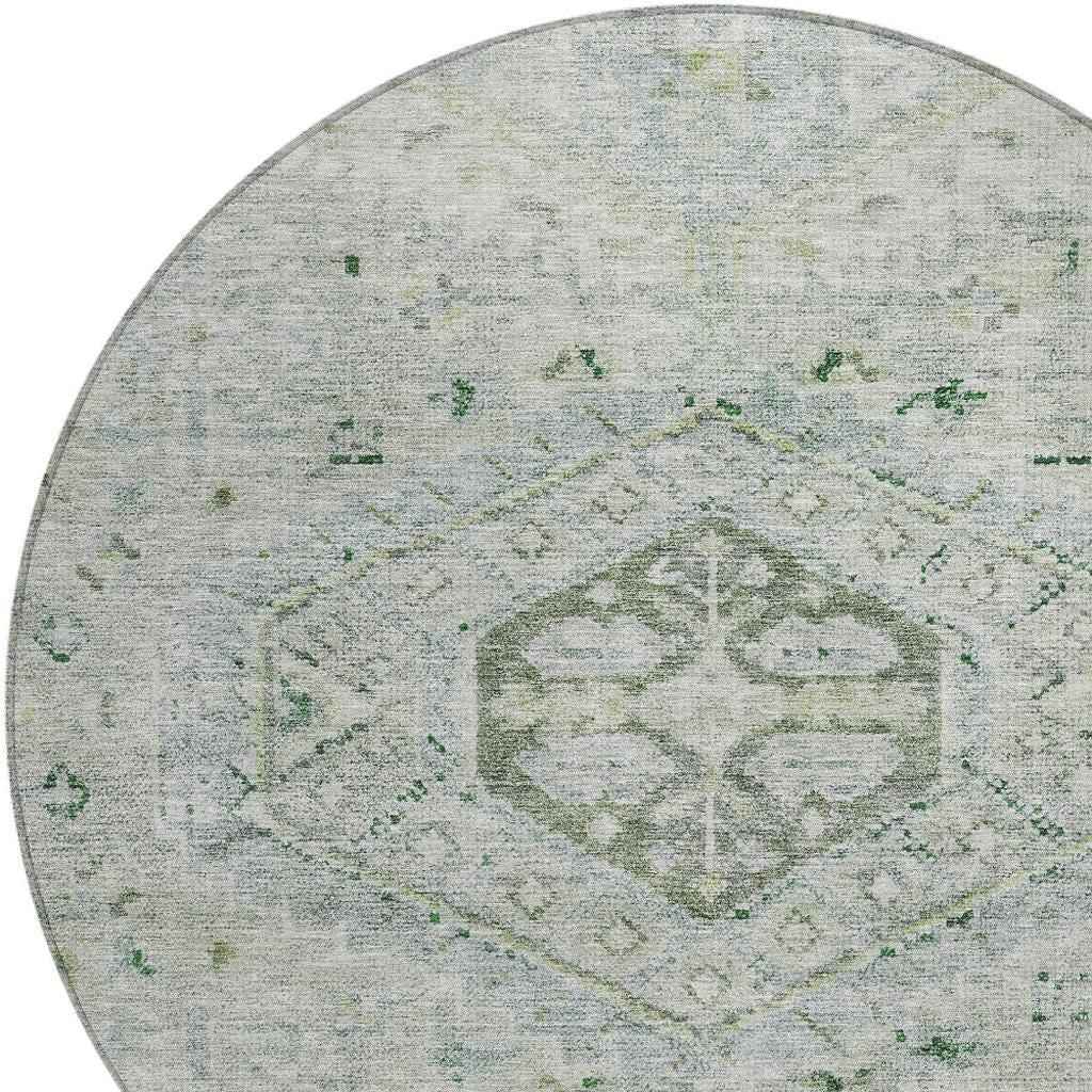 8' Lime Green And Beige Round Medallion Washable Indoor Outdoor Area Rug