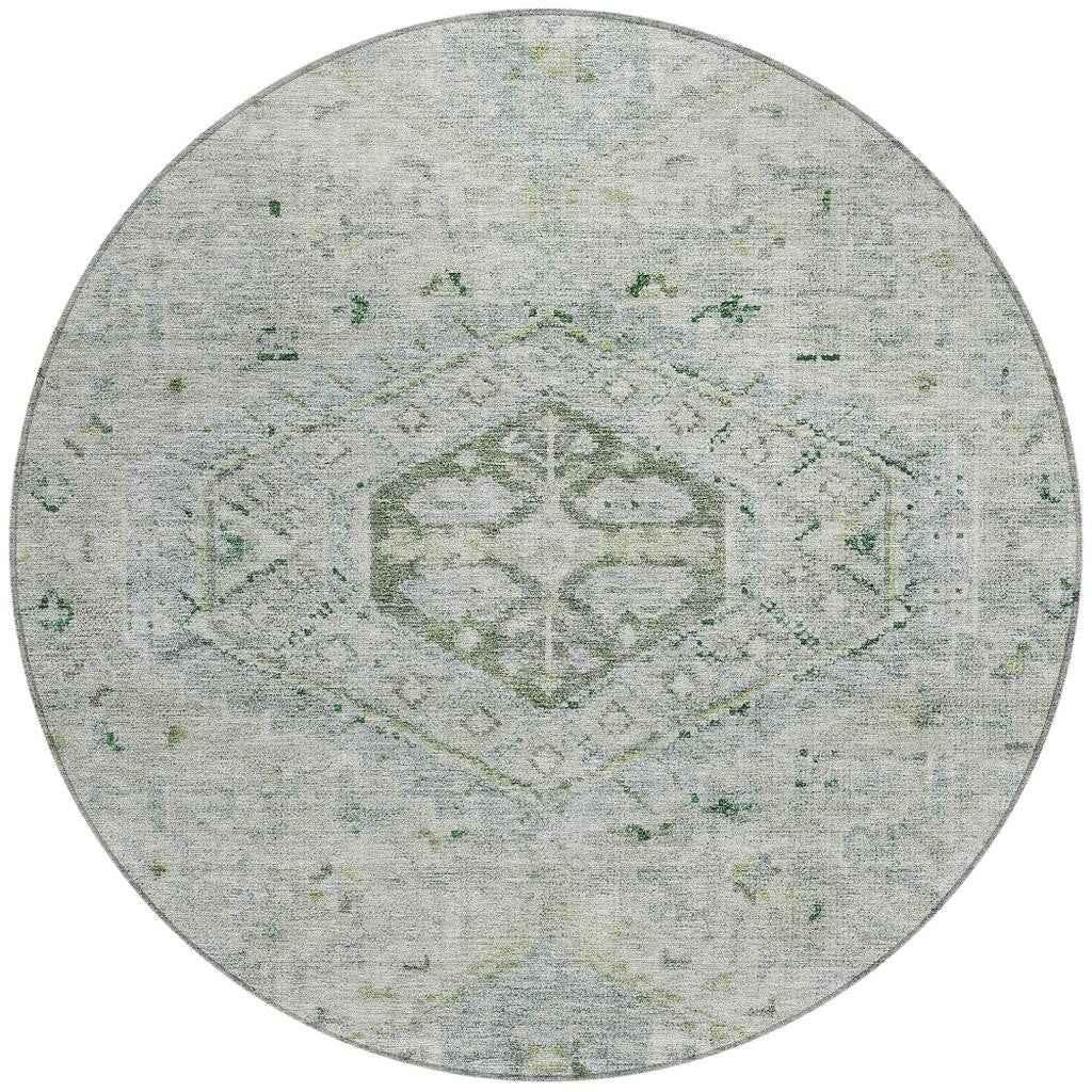 8' Lime Green And Beige Round Medallion Washable Indoor Outdoor Area Rug