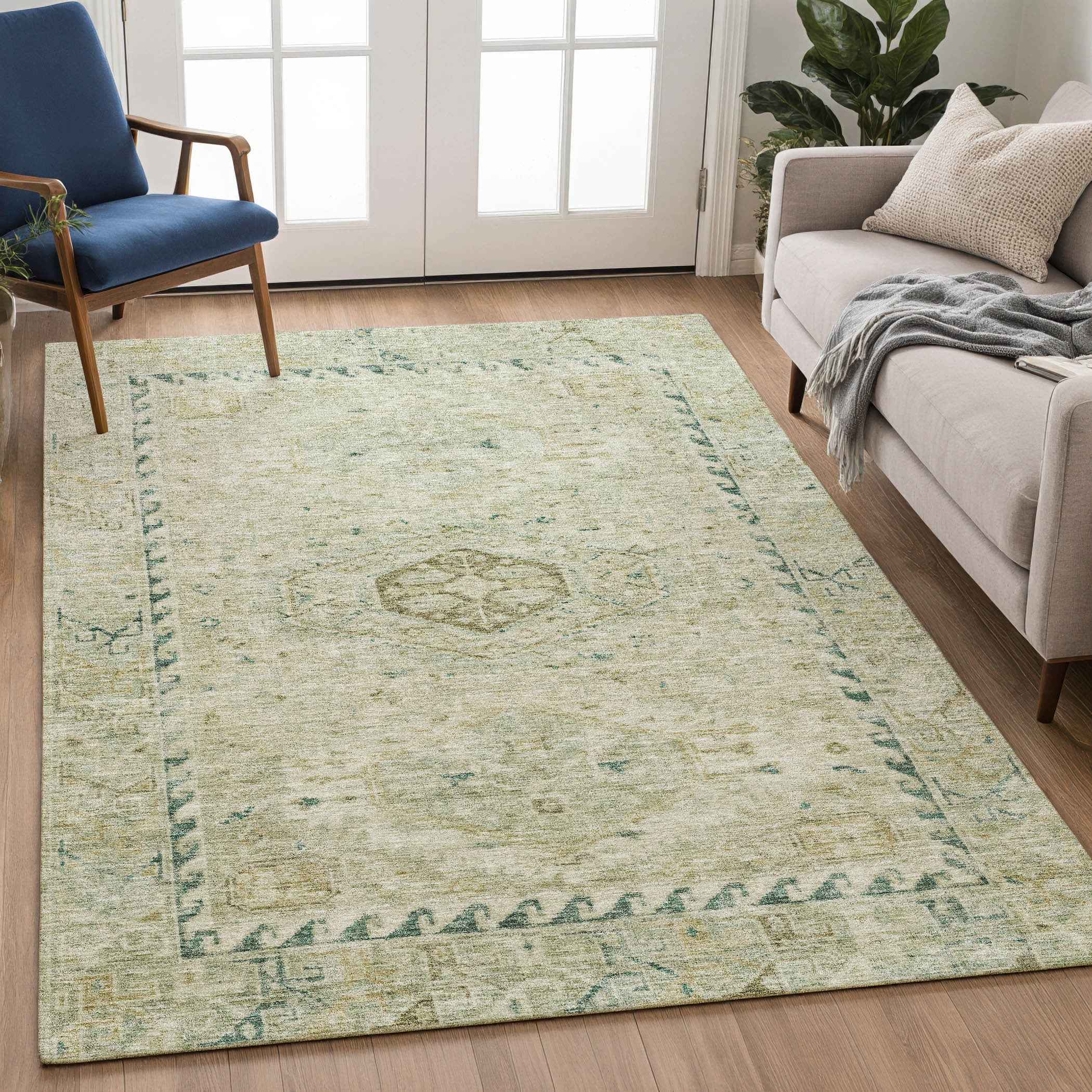 5' X 8' Sage And Gold Medallion Washable Indoor Outdoor Area Rug