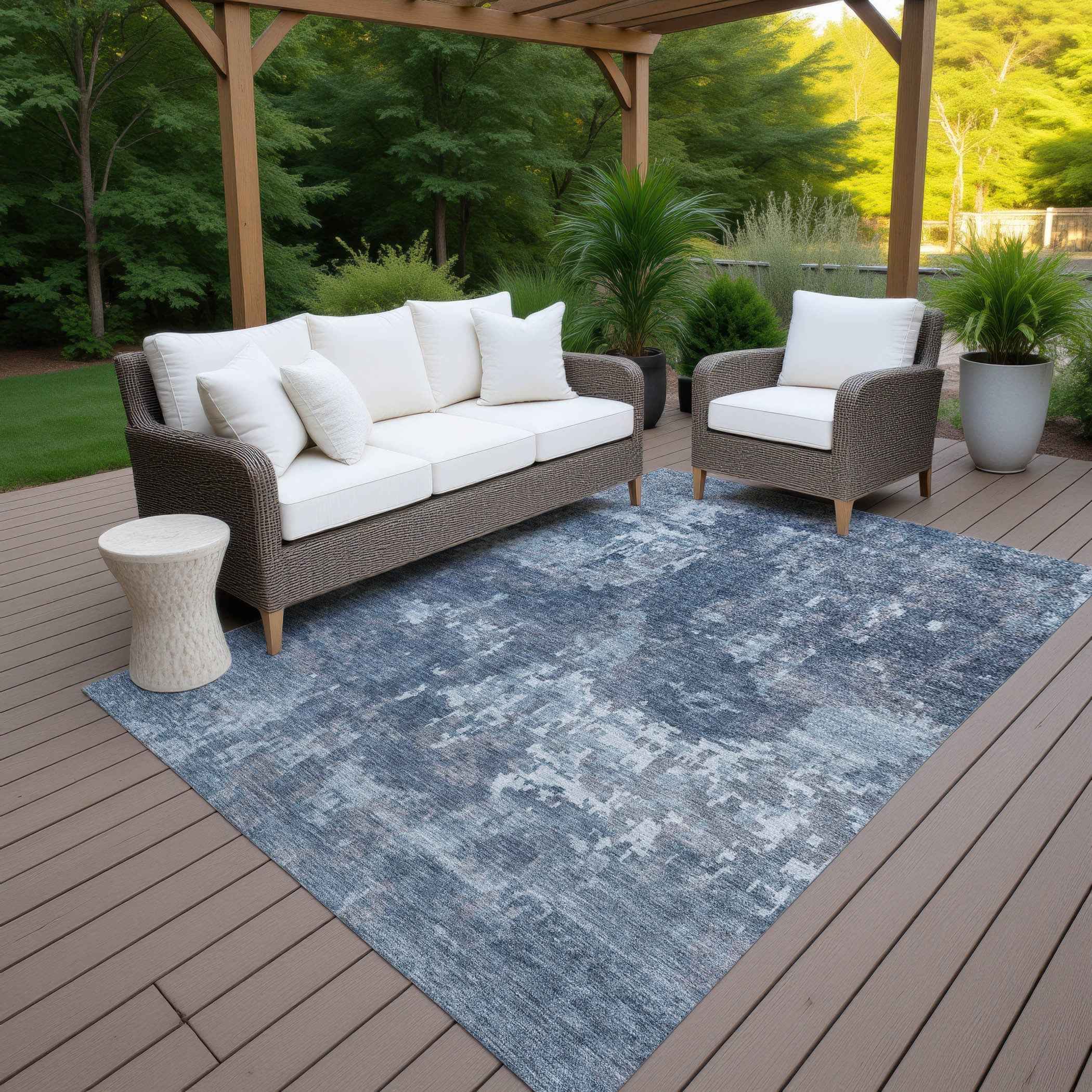 3' X 5' Blue And Ivory Abstract Washable Indoor Outdoor Area Rug