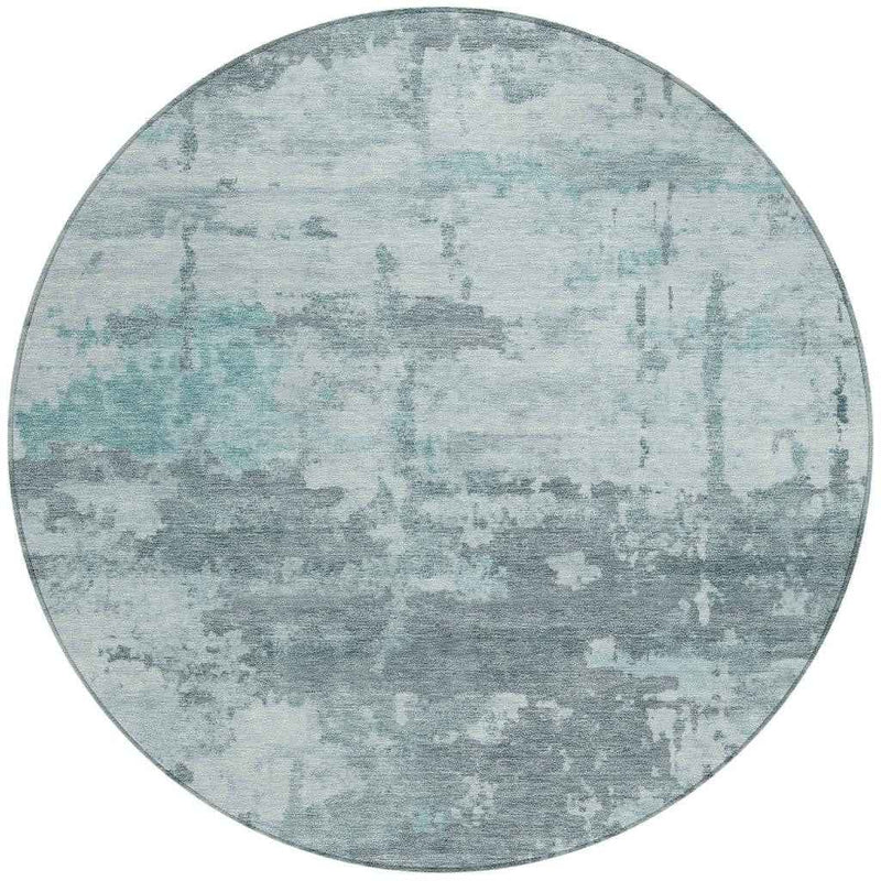 8' Aqua And Ivory Round Abstract Washable Indoor Outdoor Area Rug