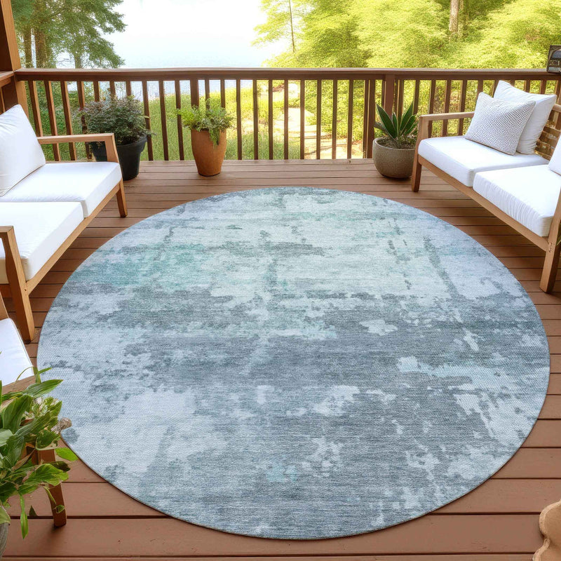 8' Aqua And Ivory Round Abstract Washable Indoor Outdoor Area Rug