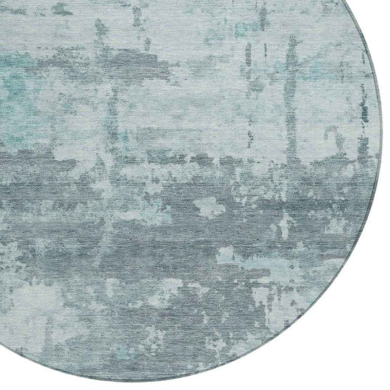8' Aqua And Ivory Round Abstract Washable Indoor Outdoor Area Rug