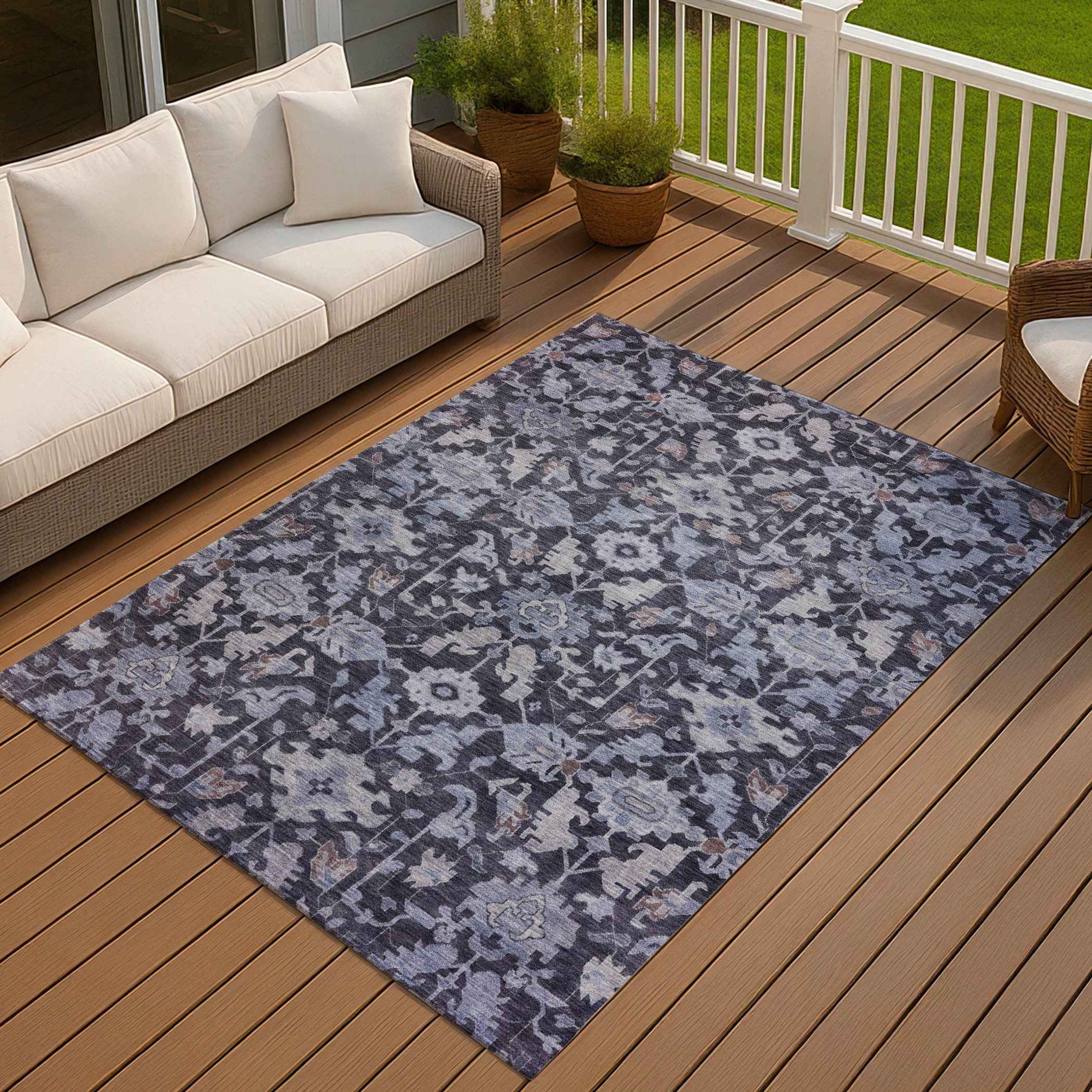 3' X 5' Navy Blue And Plum Floral Washable Indoor Outdoor Area Rug