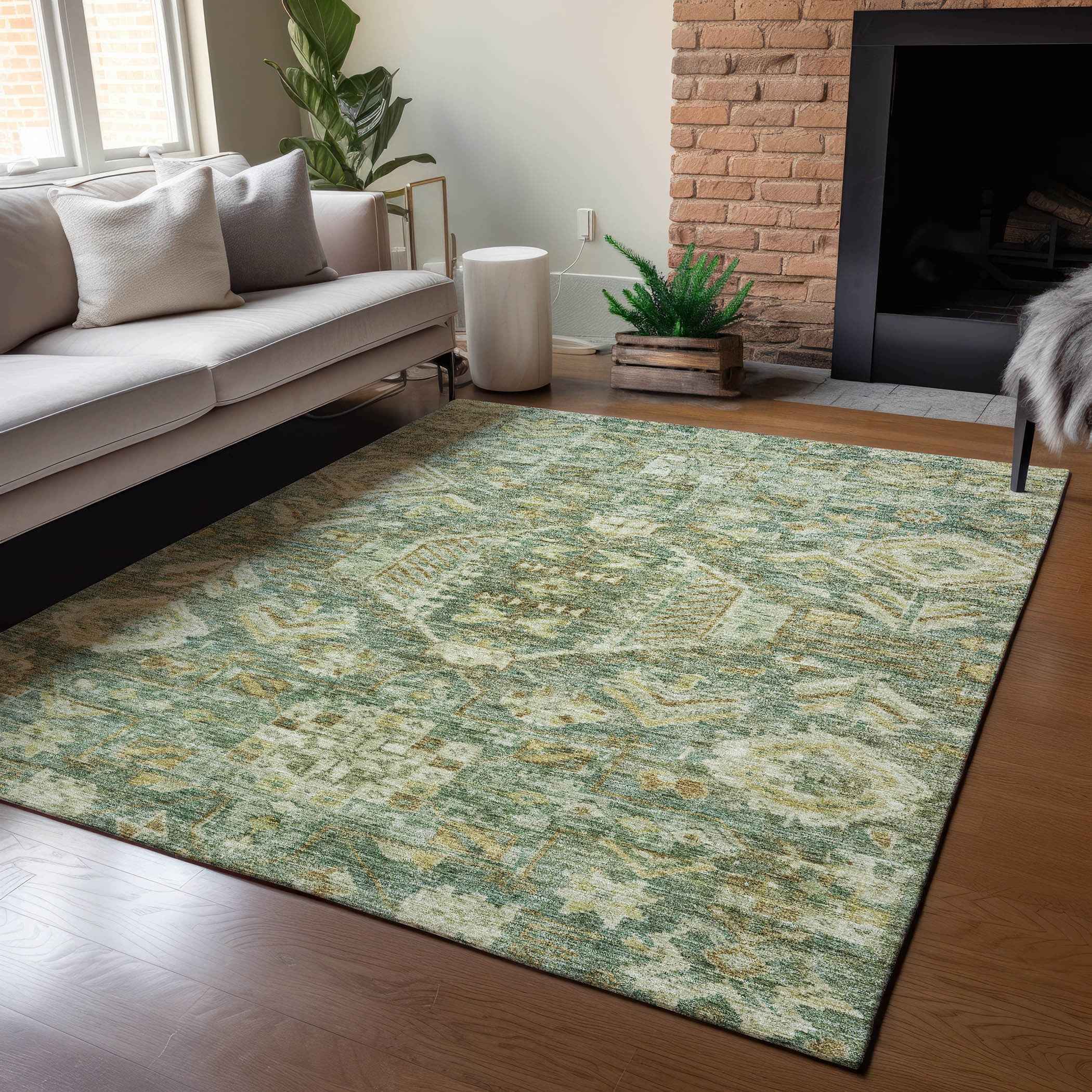 8' X 10' Fern Green And Gold Medallion Washable Indoor Outdoor Area Rug