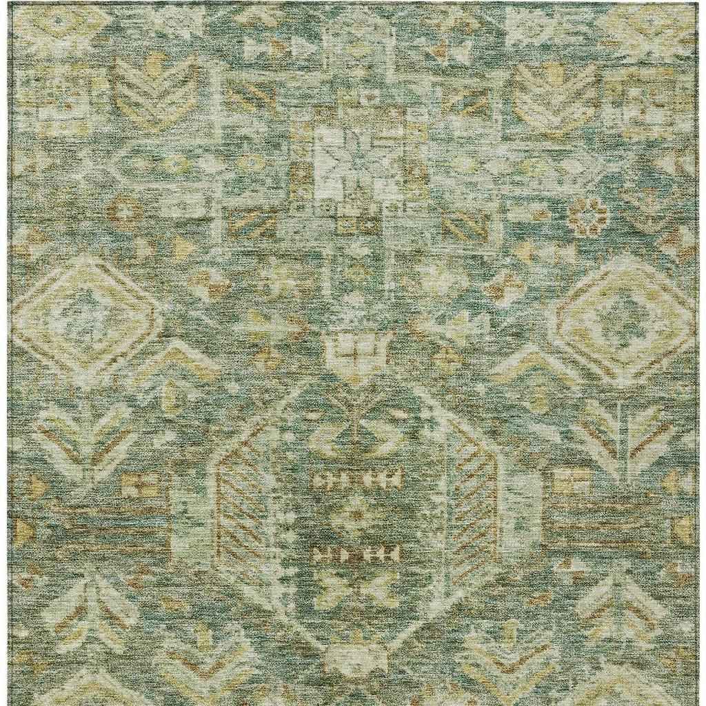 8' X 10' Fern Green And Gold Medallion Washable Indoor Outdoor Area Rug