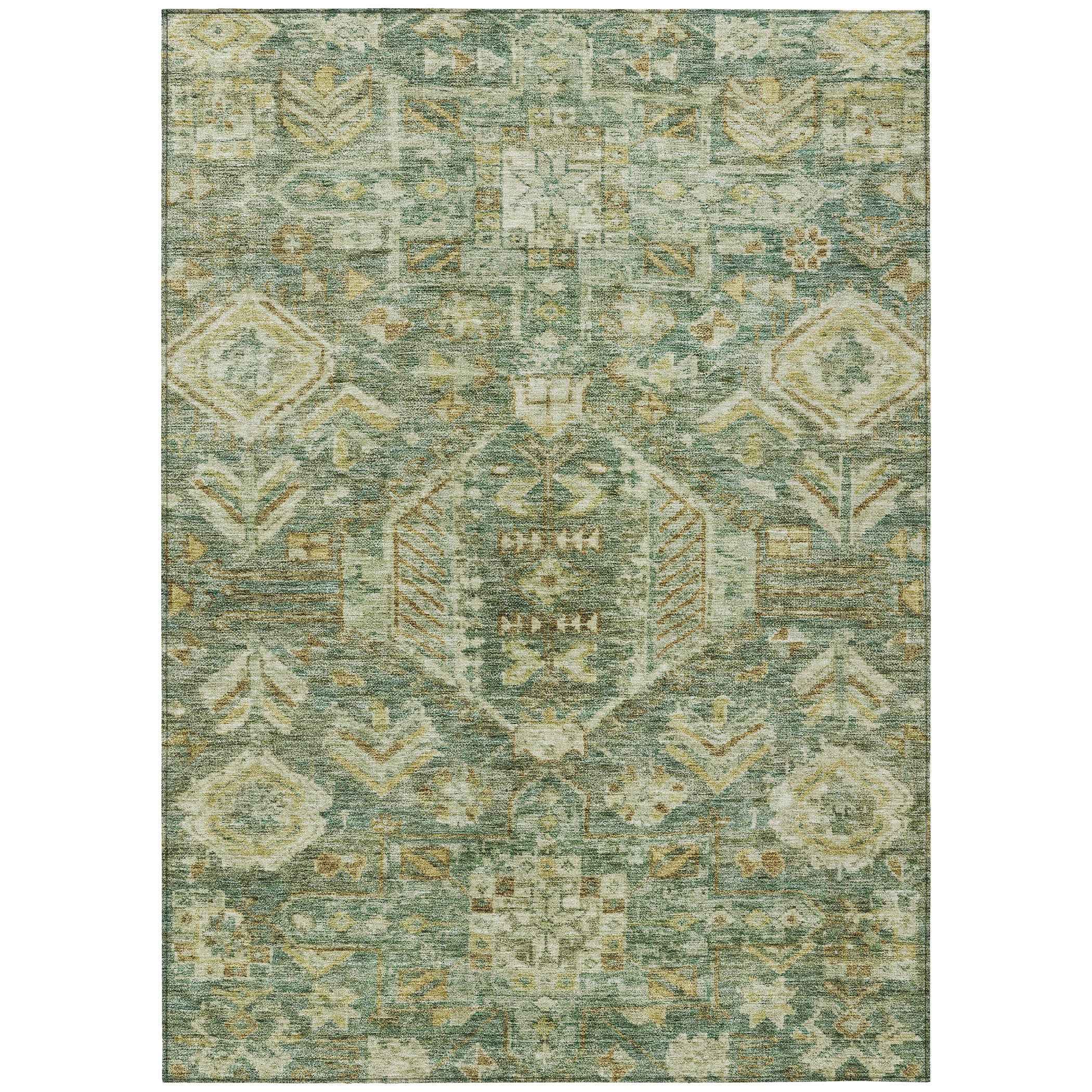 8' X 10' Fern Green And Gold Medallion Washable Indoor Outdoor Area Rug