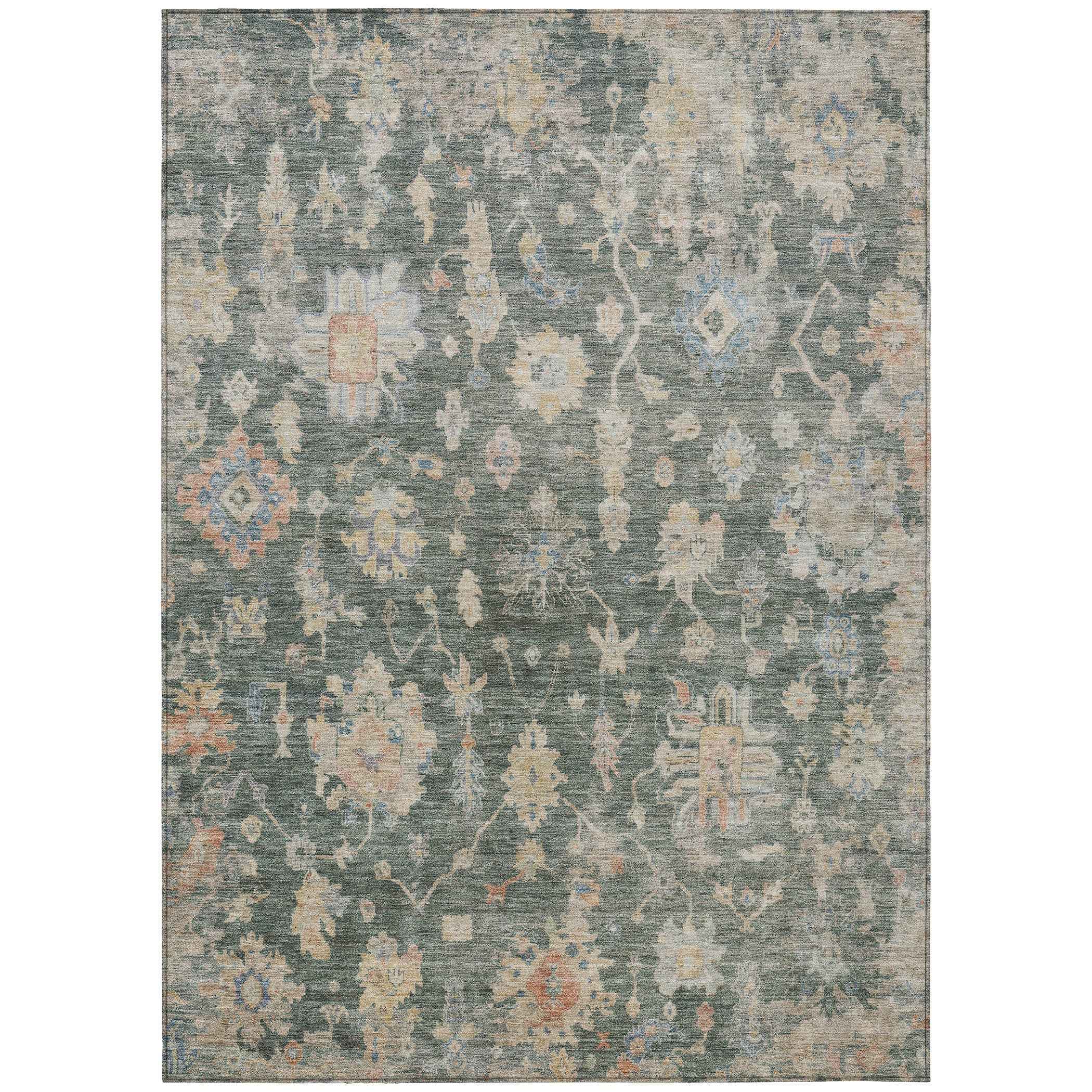 8' X 10' Artichoke Green Beige And Rust Floral Washable Indoor Outdoor Area Rug