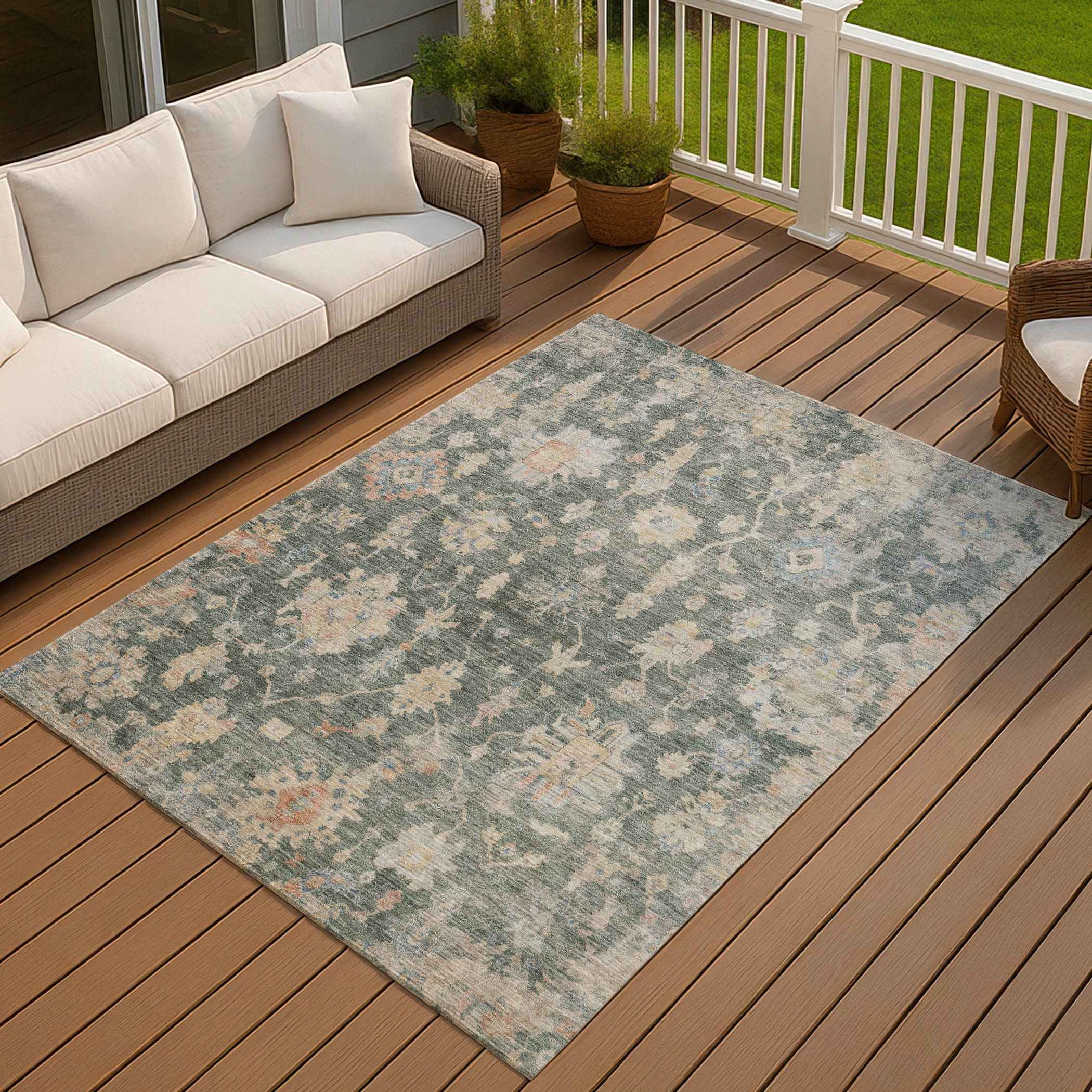 8' X 10' Artichoke Green Beige And Rust Floral Washable Indoor Outdoor Area Rug