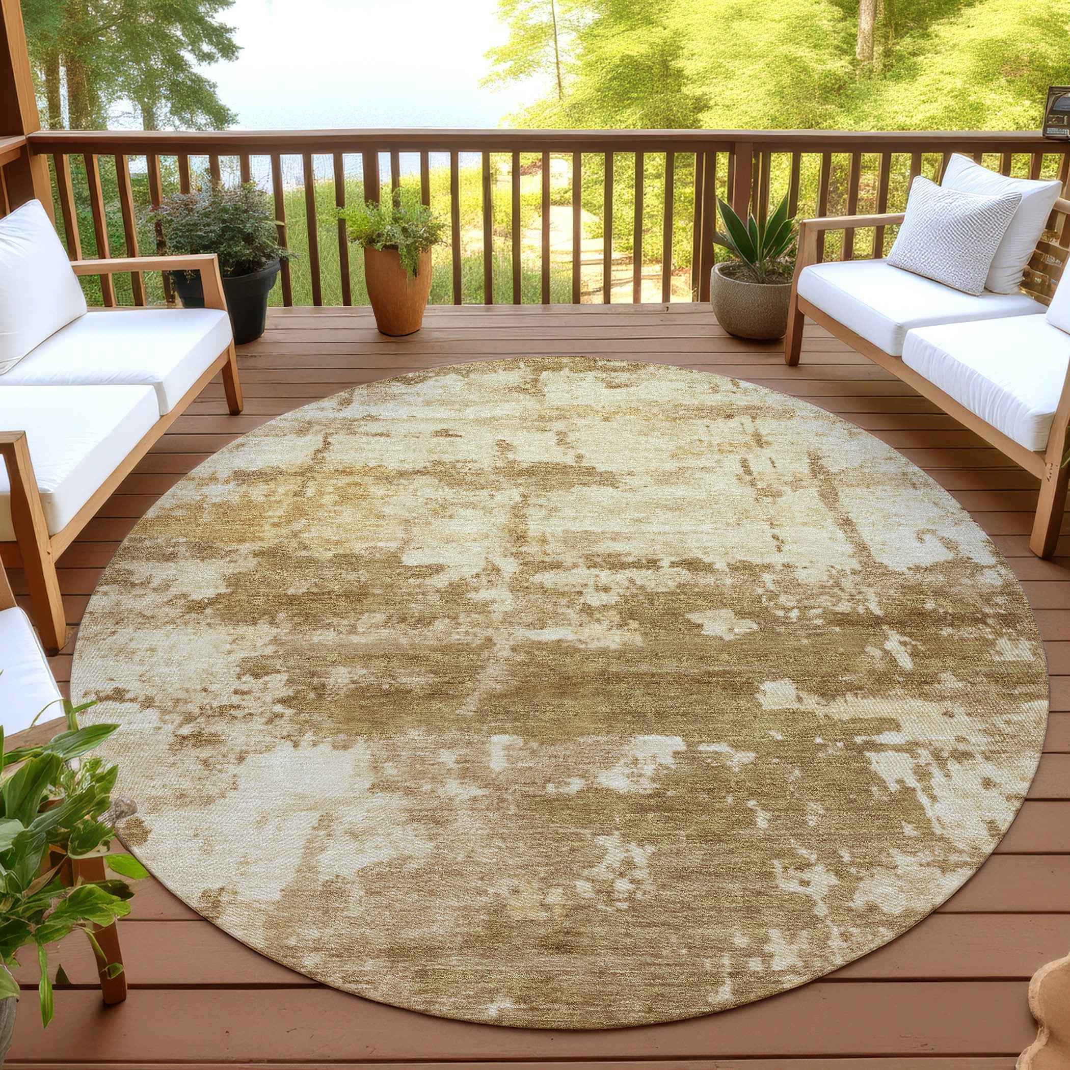 8' Brown And Beige Round Abstract Washable Indoor Outdoor Area Rug