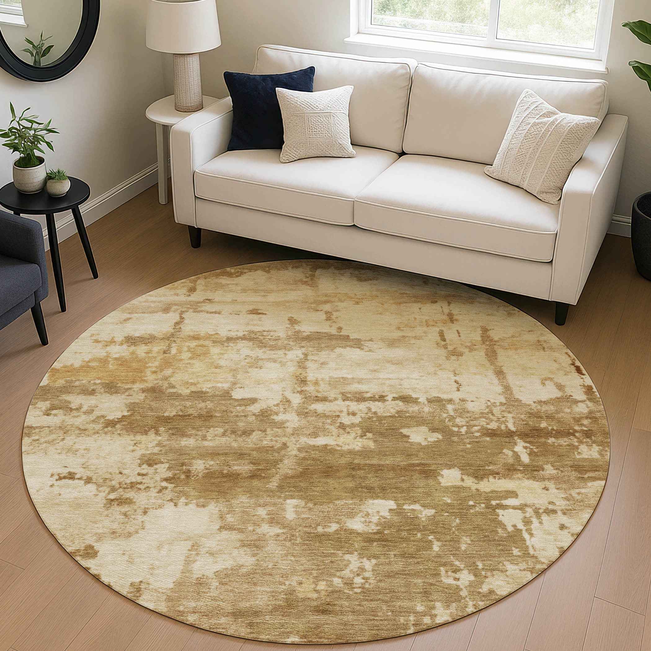 8' Brown And Beige Round Abstract Washable Indoor Outdoor Area Rug
