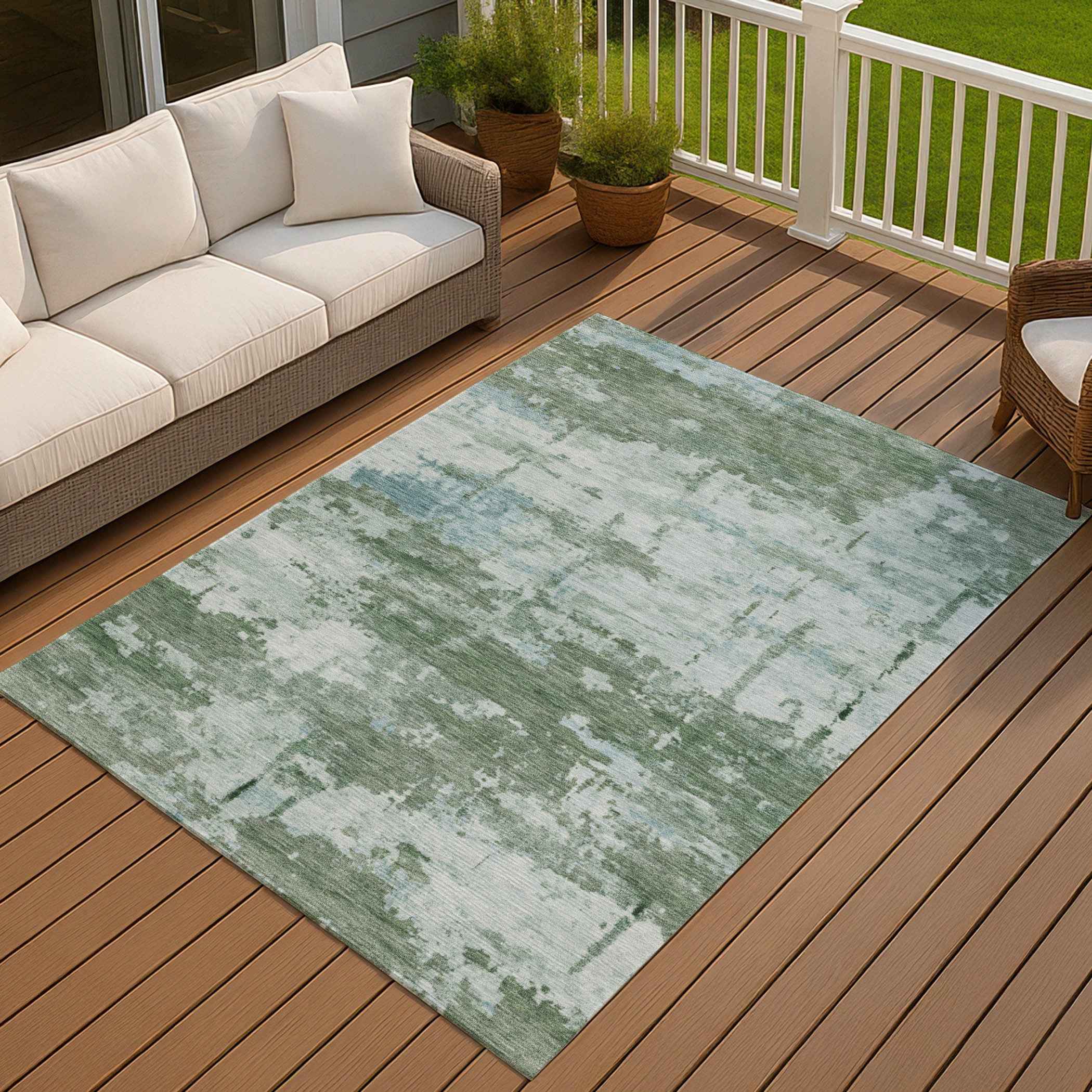 10' X 14' Artichoke Green And Ivory Abstract Washable Indoor Outdoor Area Rug