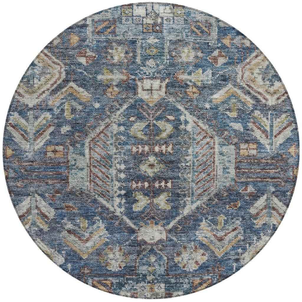 8' Navy Blue Ivory And Beige Round Medallion Washable Indoor Outdoor Area Rug