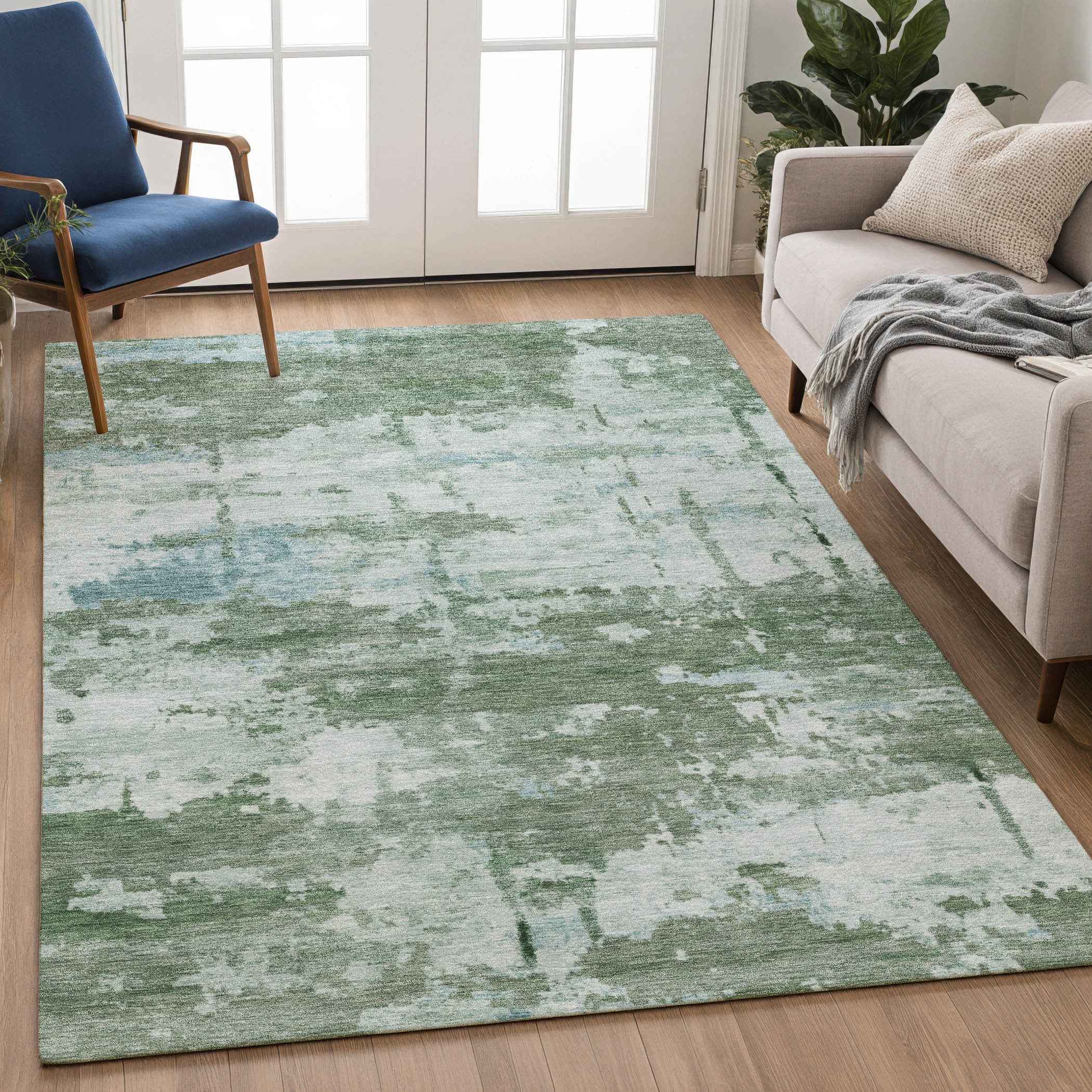 10' X 14' Artichoke Green And Ivory Abstract Washable Indoor Outdoor Area Rug