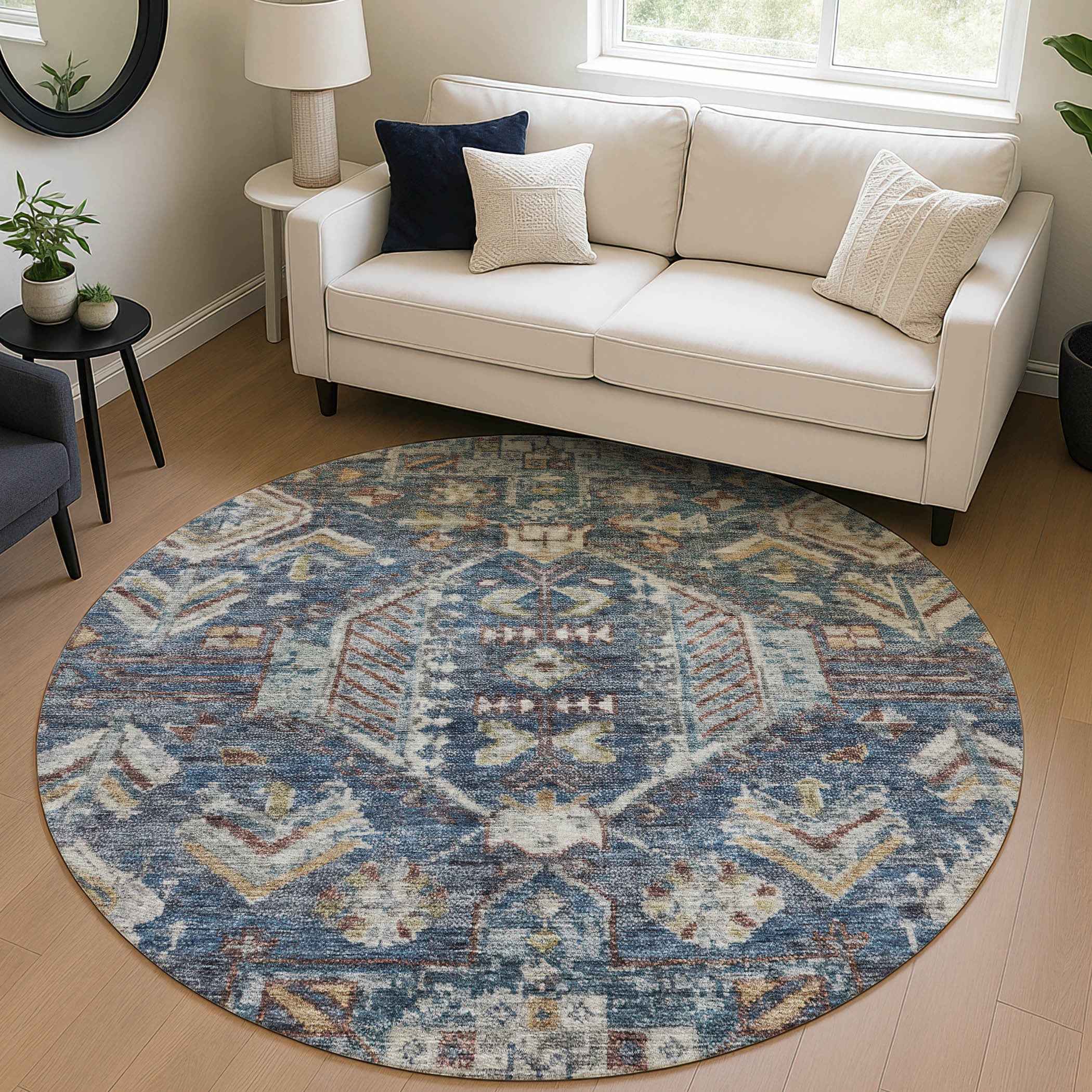 8' Navy Blue Ivory And Beige Round Medallion Washable Indoor Outdoor Area Rug