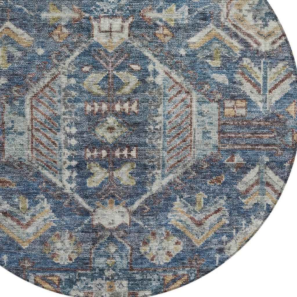 8' Navy Blue Ivory And Beige Round Medallion Washable Indoor Outdoor Area Rug