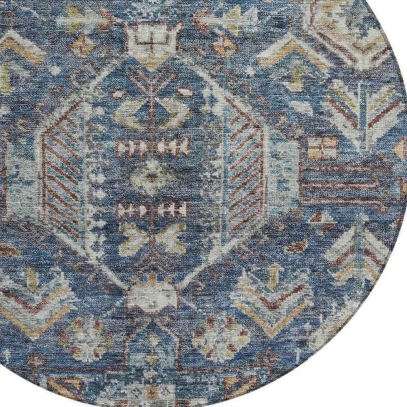 8' Navy Blue Ivory And Beige Round Medallion Washable Indoor Outdoor Area Rug